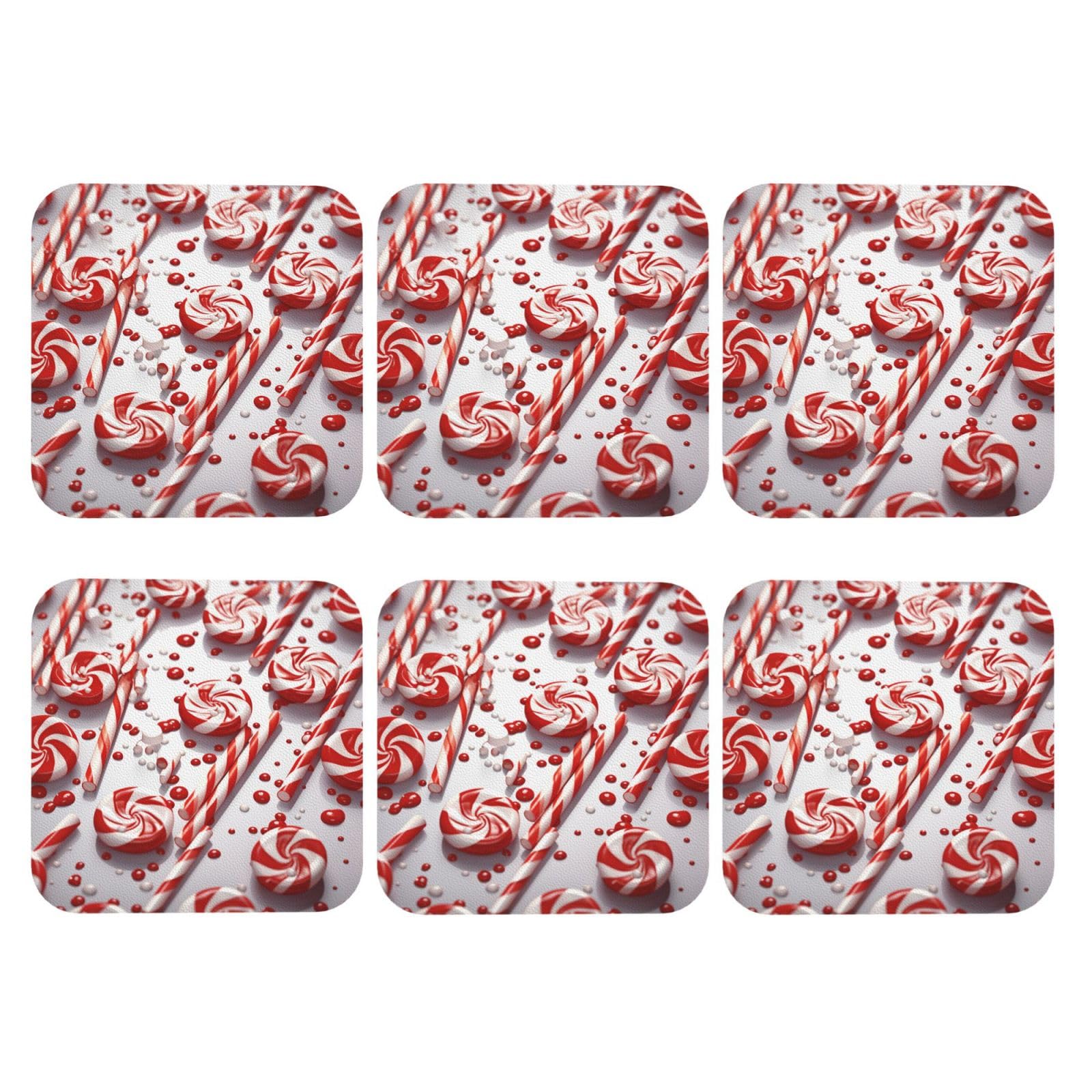 6Pcs PU Leather Coaster for Drinks, Candy Cane Cup Coastersr 4" Cup Mat Pad, Aesthetic Drink Coasters for Coffee Table, Square Coaster for Tabletop Protection