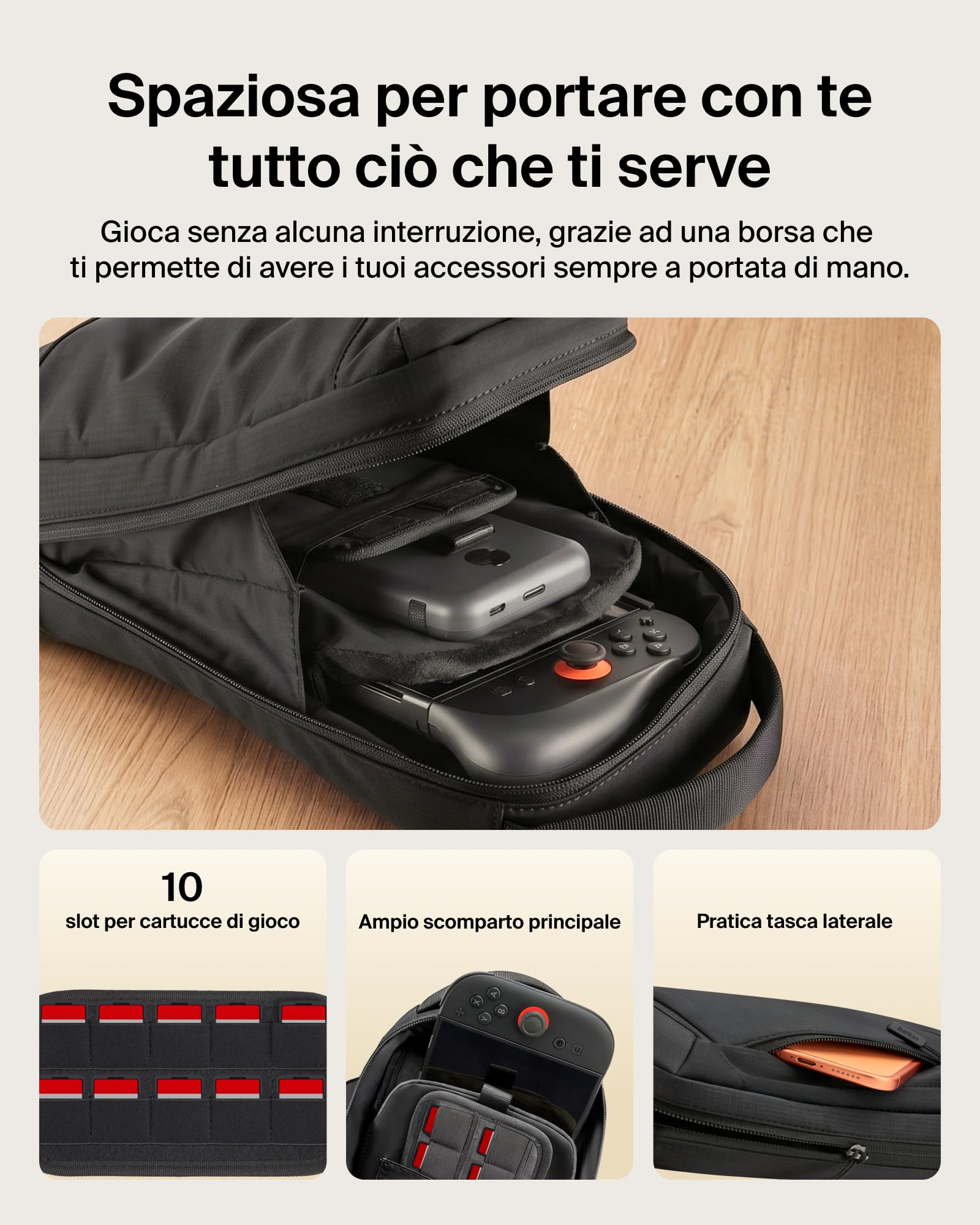 Belkin Gaming Borsa per Nintendo Switch 2 Protettiva da Viaggio - Nero | Borsa Crossbody, Custodia Protettiva da Trasporto per Accessori Console, Interno Morbido, Leggera, 10 Slot per Schede Giochi