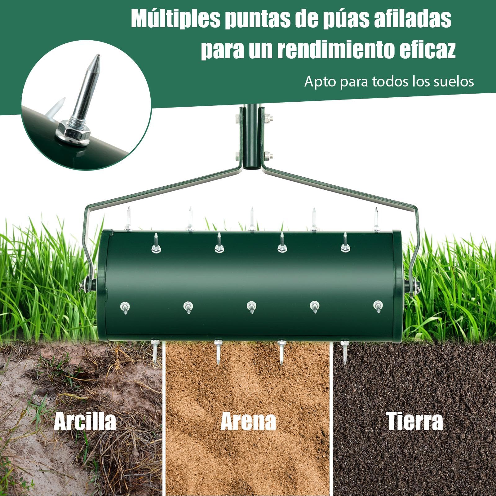 SOARS Rodillo para aireación de césped, aireador de césped con clavos de 3,5 cm y mango, escarificador manual rellenable, rodillo de jardín, rodillo manual de metal de alta calidad, ideal para el