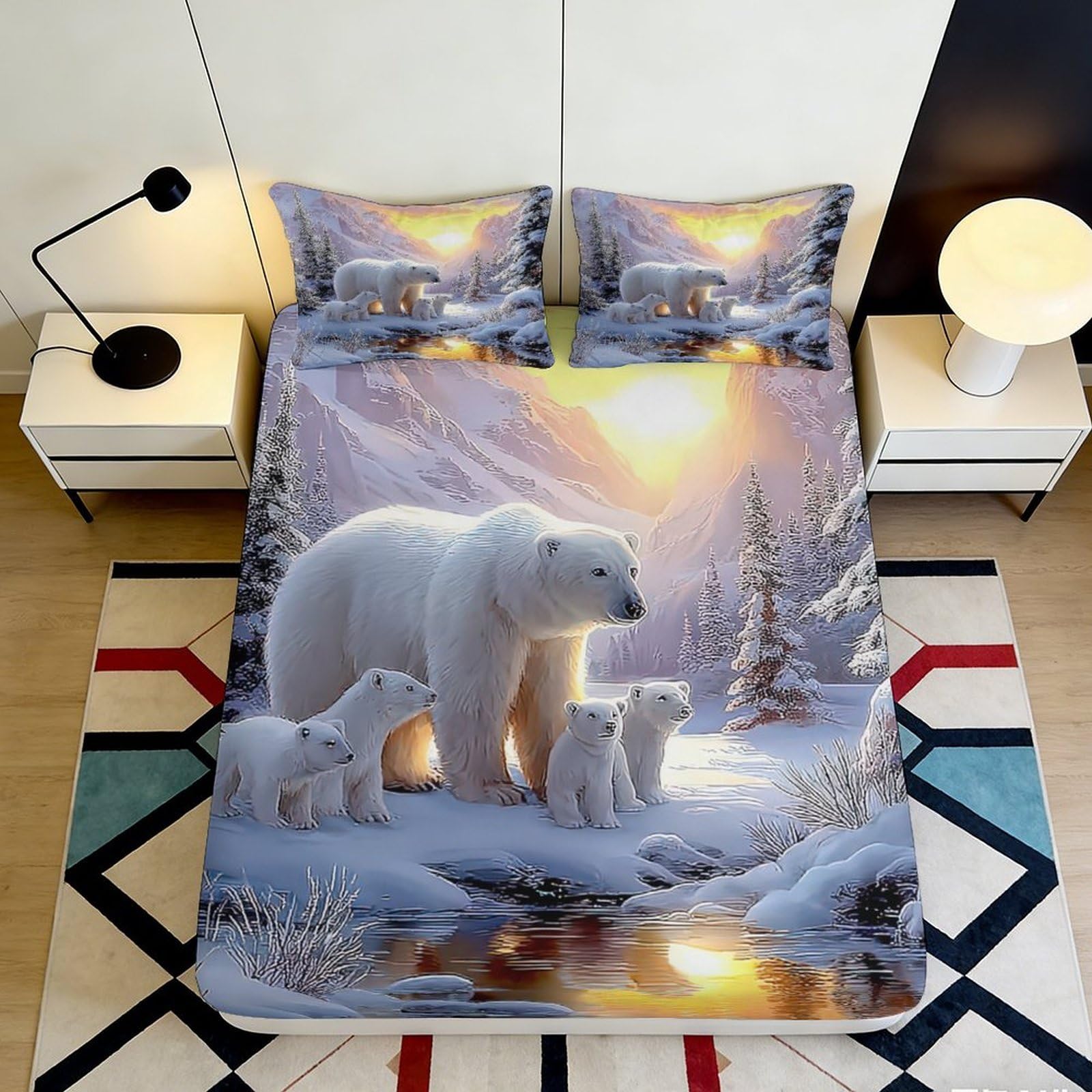 3D Printed Polar Bear Fitted Sheet Microfiber Deep Pocket Non-Slip for Bedroom Bedding Arctic Mattress Fitted Cover 140x200x25cm