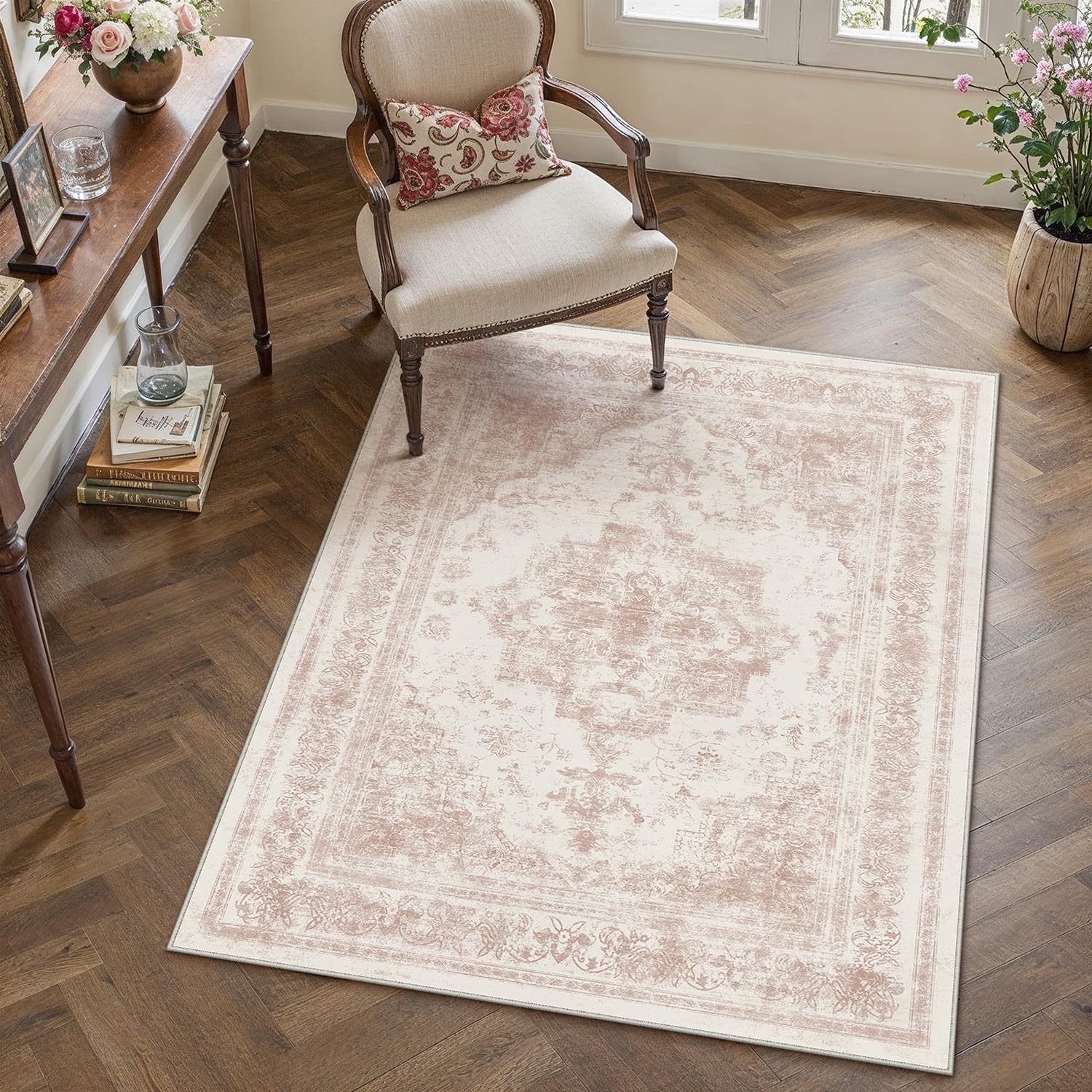 HUGEAR Vintage Tappeto Salotto 120x180cm Rosa Tappeti Soggiorno Antiscivolo Lavabile in Lavatrice Tapette Camera da Letto Sala Ufficio Bambina Bambino Pelo Corto Grande Carpet