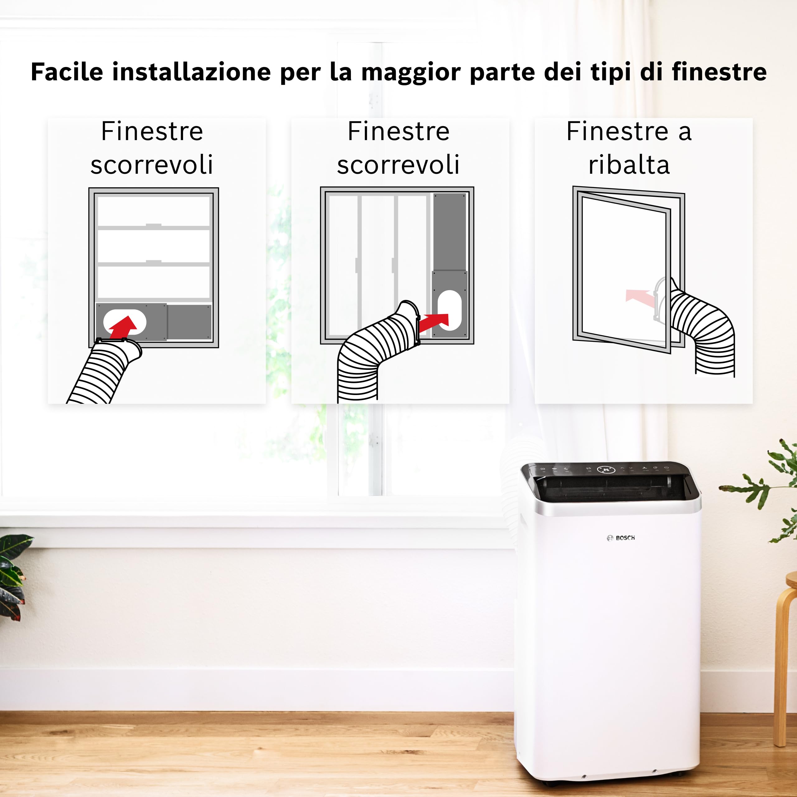 Bosch Cool 5100 Climatizzatore portatile - Climatizzatore 3 in 1, deumidificatore, ventilatore - 3,4 kW per ambienti fino a 46 m² - Con modalità Auto, Silent e Sleep