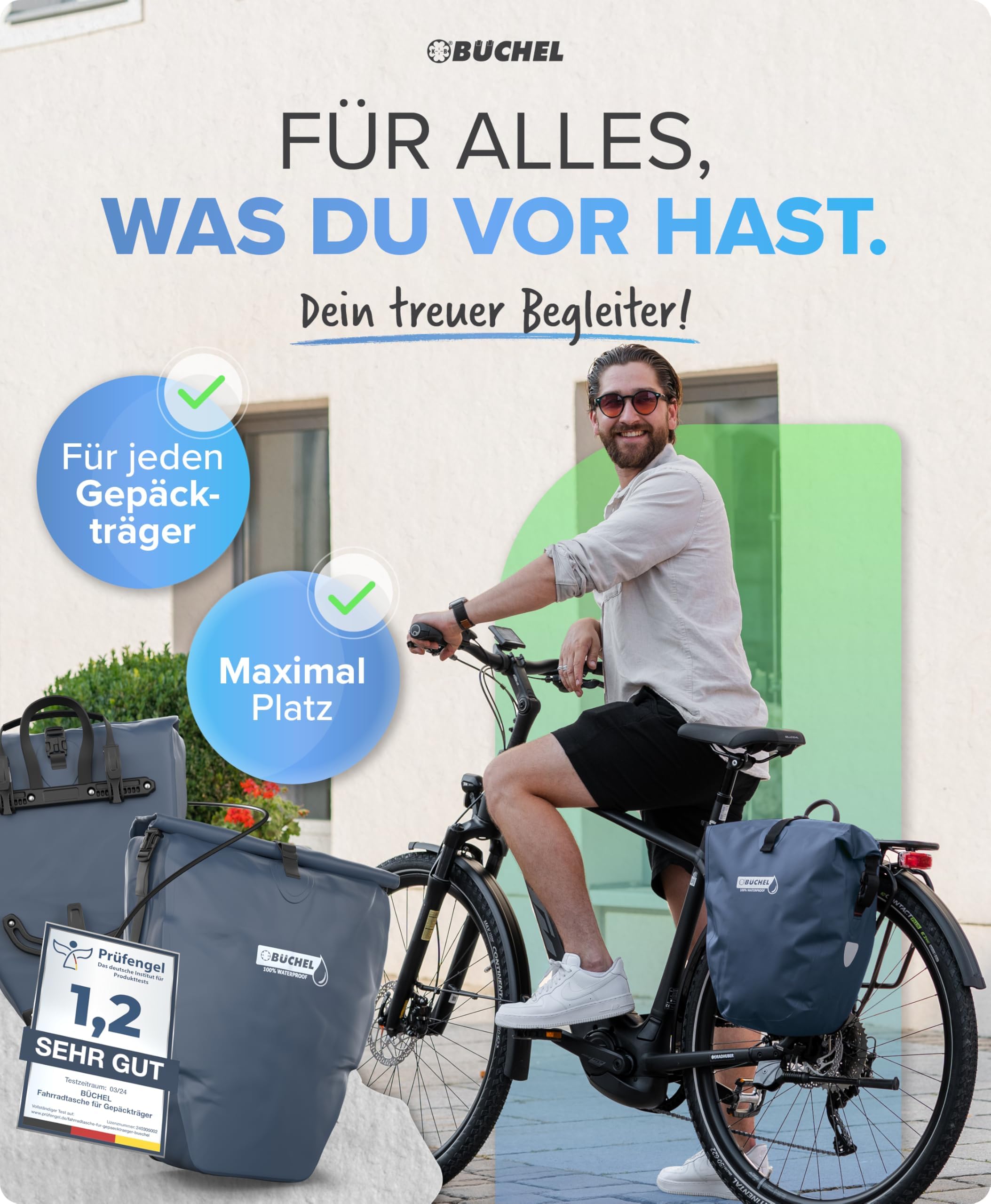 Büchel Set di 2 borse da bicicletta per portapacchi da 25,4 l, 100% impermeabile, con maniglia e tracolla