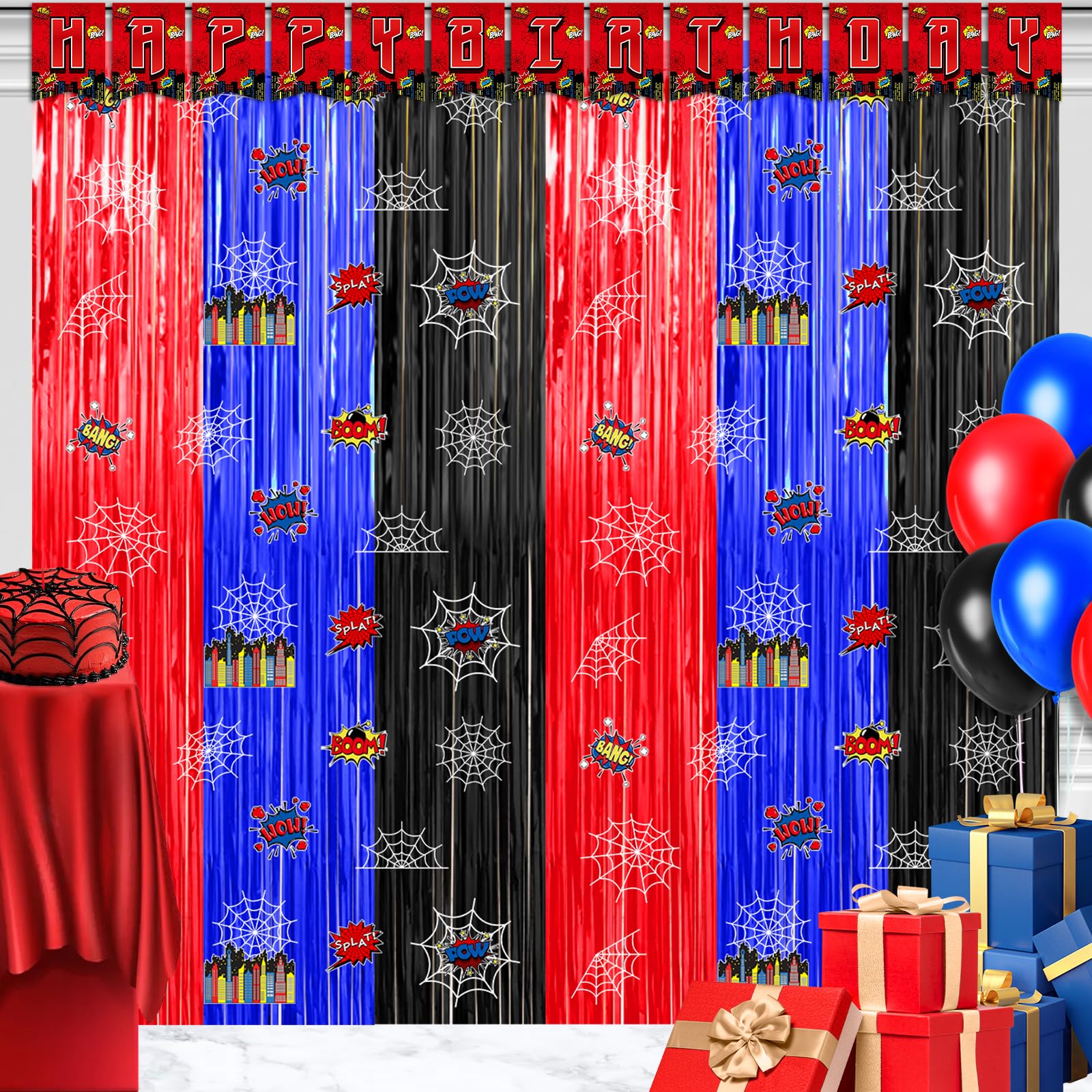 Spider Web Birthday Decorations, 2 Pack Spider 3.3x6.6ft Tinsel Foil Fringe Curtains with Spider Happy Birthday Banner, Spider Photo Booth Prop