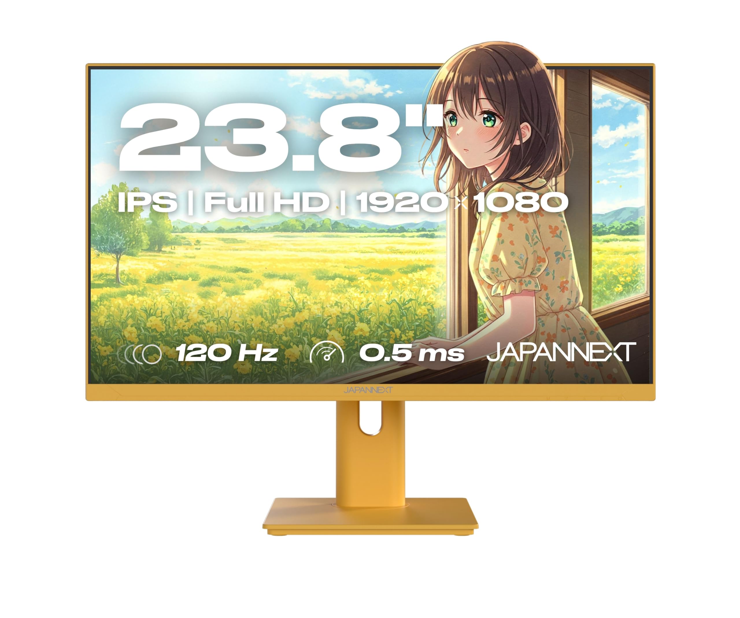 JapanNext Monitor Gaming 23,8" IPS 120Hz 0.5ms Giallo Pastello | Full HD (1920x1080) | Altezza/inclinazione regolabili (HSP) Altoparlanti integrati G-Sync/FreeSync | JN-IPS238G120F-HSP-YE