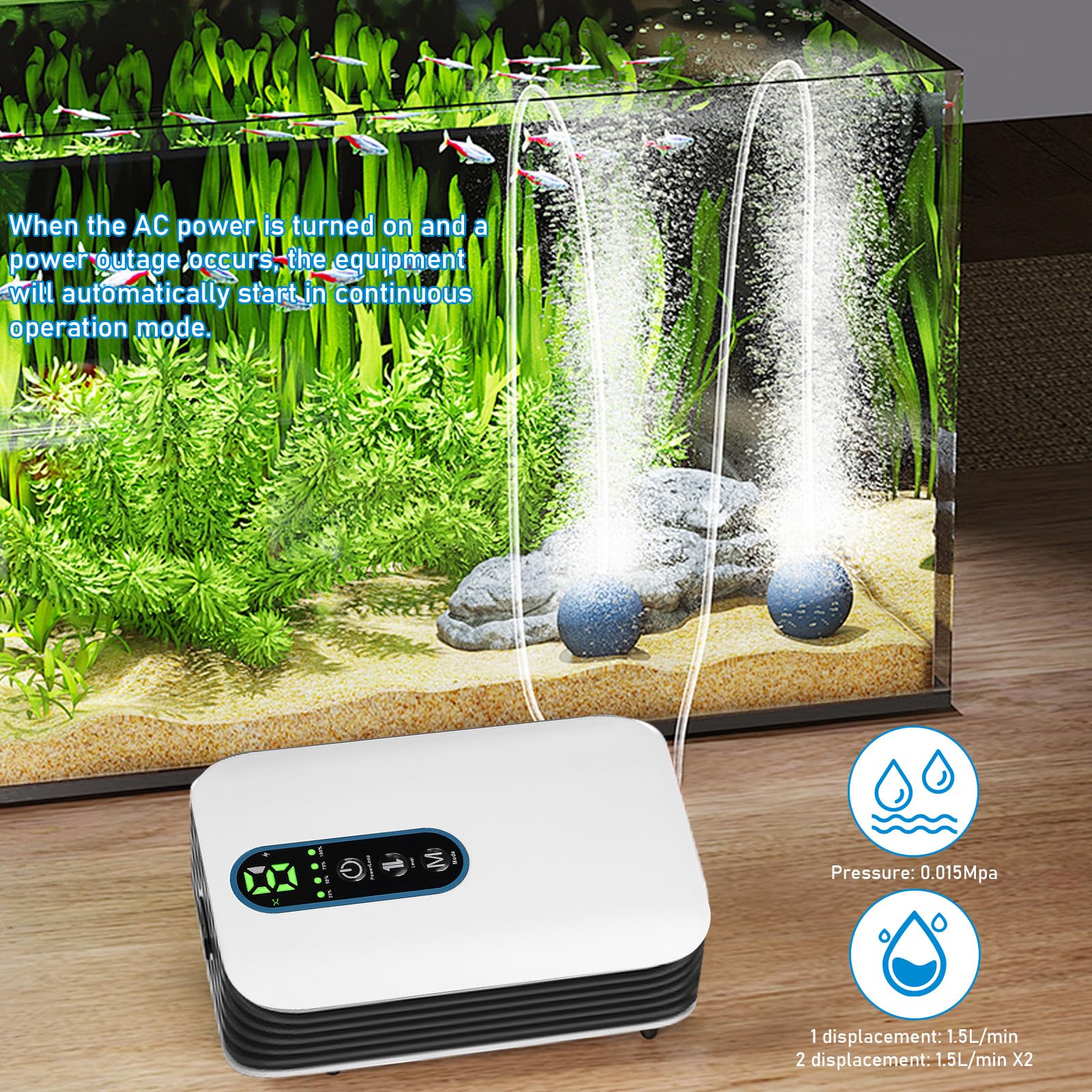 Pompe à air d'aquarium rechargeable 2600 mAh avec double sortie, 2 modes et débit 3 l/min, ultra silencieuse, pour la pêche, les pannes de courant, fonctionnement USB et batterie