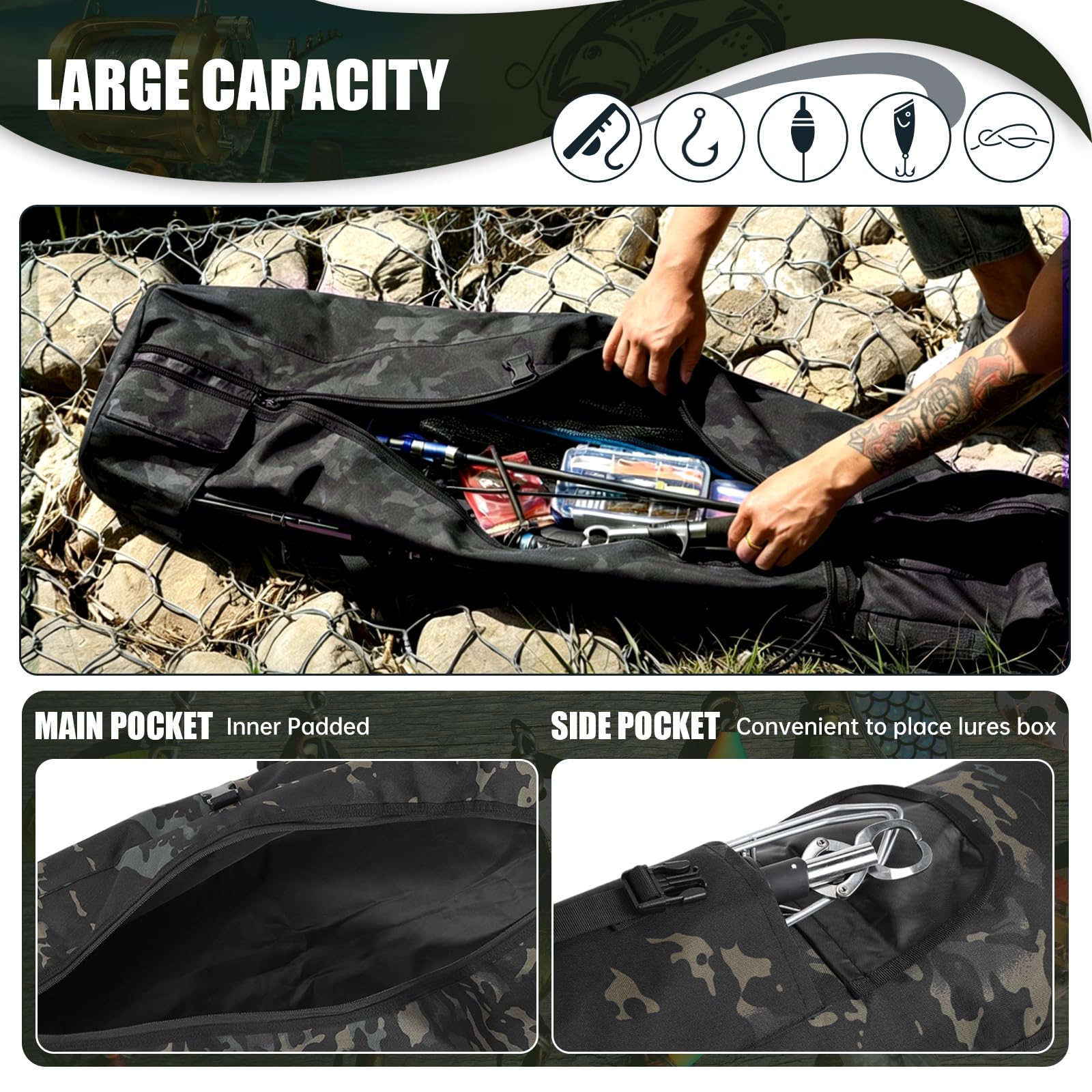 Borsa organizer per canna da pesca, per attrezzi e attrezzature da pesca, regalo per uomini, padri, figlie e amici, Caomo nero, all'aperto