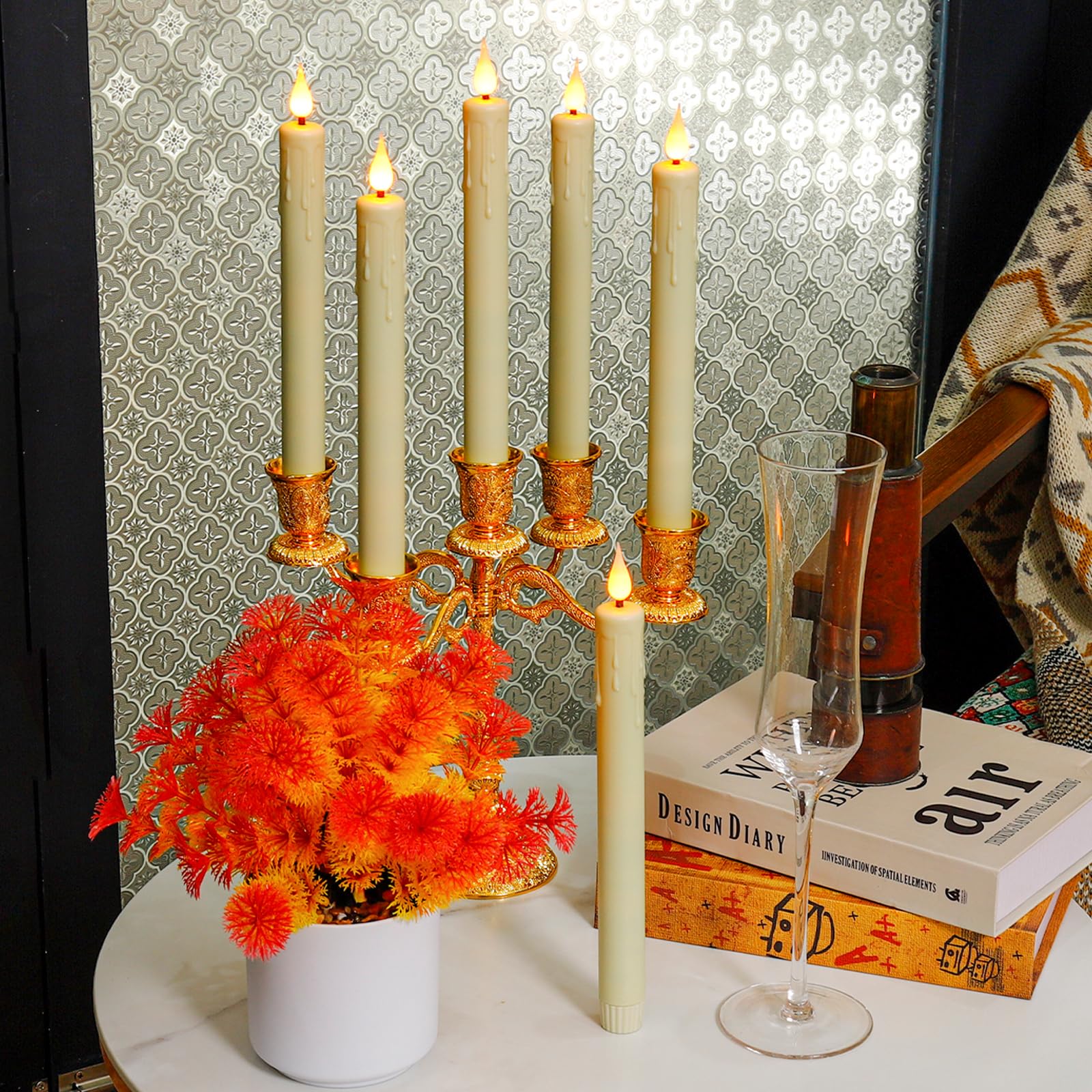 Enido Flameless Ivory Taper Candles Flickering