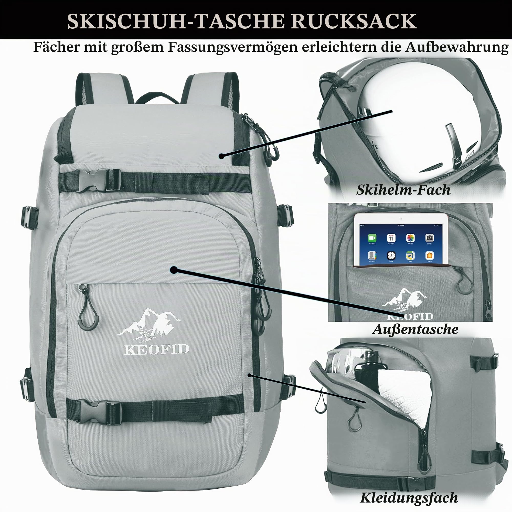 KEOFID Skischuhtasche für Damen und Herren, 50L Ski-Reiserucksack und Snowboardtasche