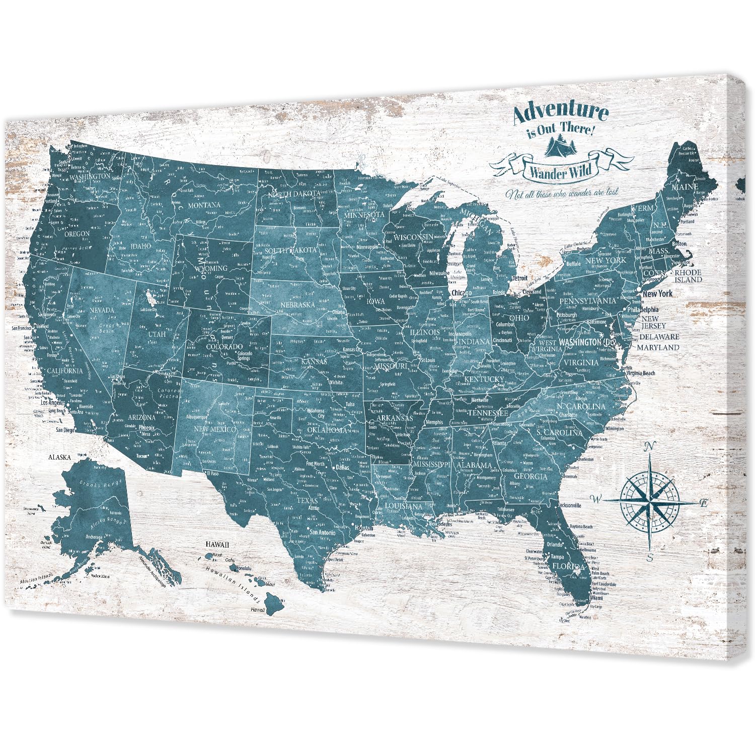 IPIC Vintage Teal USA Maps for Wall, Map of the United States, 42x28 in