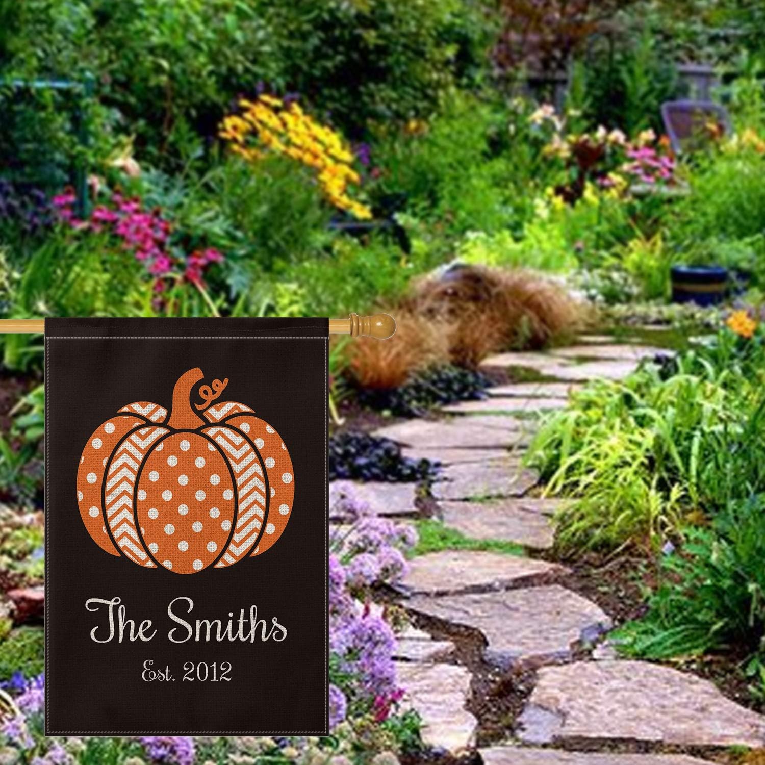 SMILE Personalized Fall Thanksgiving House Flag, Customized Family Name And Established Year Pumpkin, Double Sided 28 x 40 Inch Rustic Farmhouse Burlap Yard Outdoor Decoration