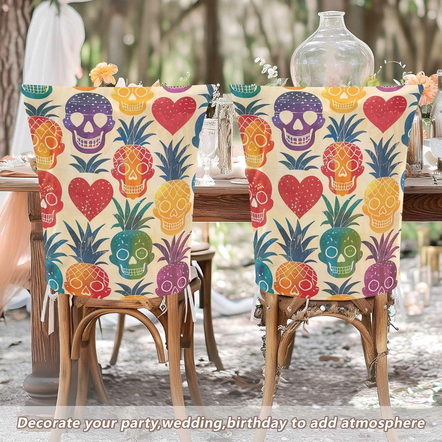 ALAZA Funny Rainbow Skulls Hearts Pineapples Chair Back Cover Set of 6, Washable Reusable Removable Chair Slipcovers Decorative Chair Cover for Home Kitchen Wedding Party