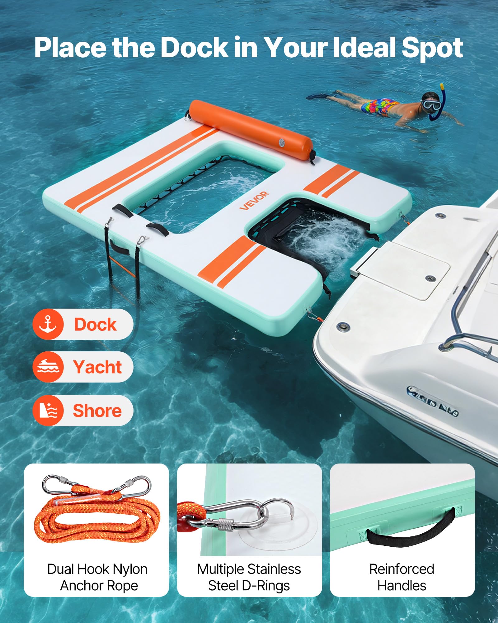VEVOR Colchoneta para Piscina 2,44 x 1,83 m, Flotador Inflable Gigante en Forma de Rectángulo, con Malla Escalera Desmontable Rampa de Tobogán, Hamaca Inflable Isla de Agua para Piscina Playa Lago