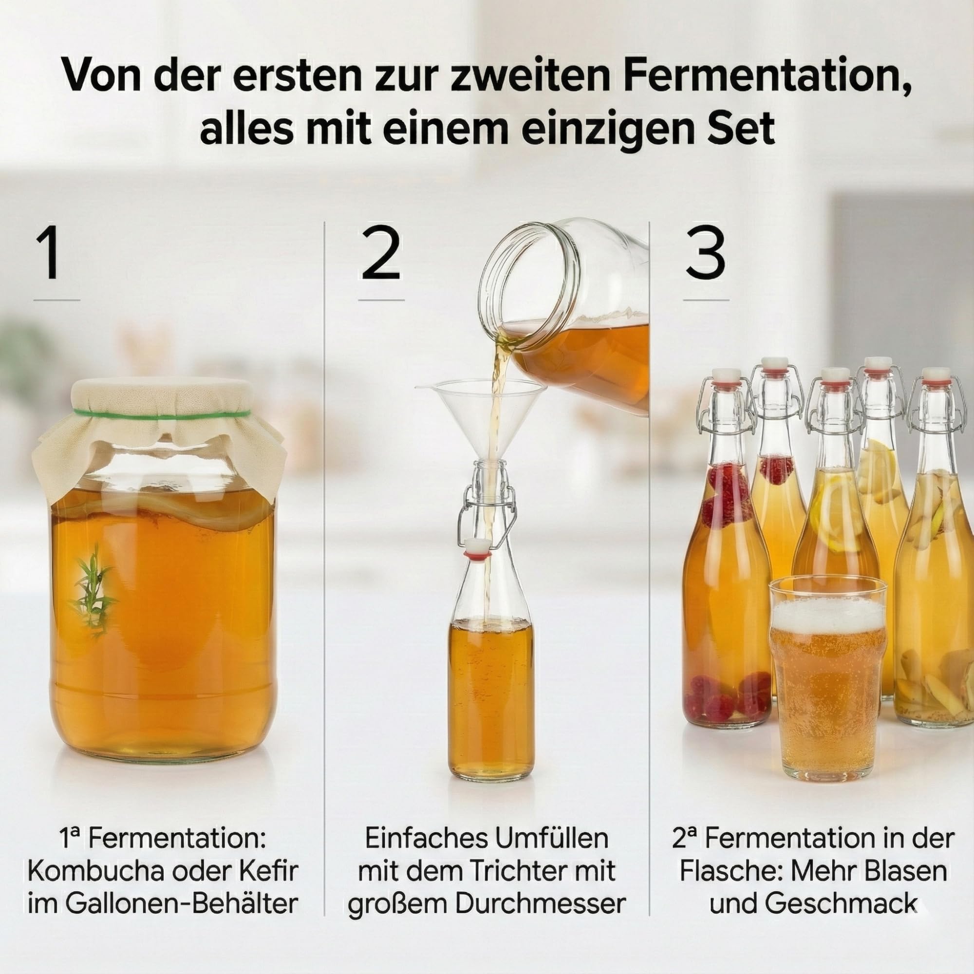 myFERMENTS - Kefir & Kombucha Starter Set | 4,25L Glasgefäß | 6 x 750ml Bügelflaschen | 10cm Trichter & Mulltuch | Fermentationsglas, Farblos, Glas
