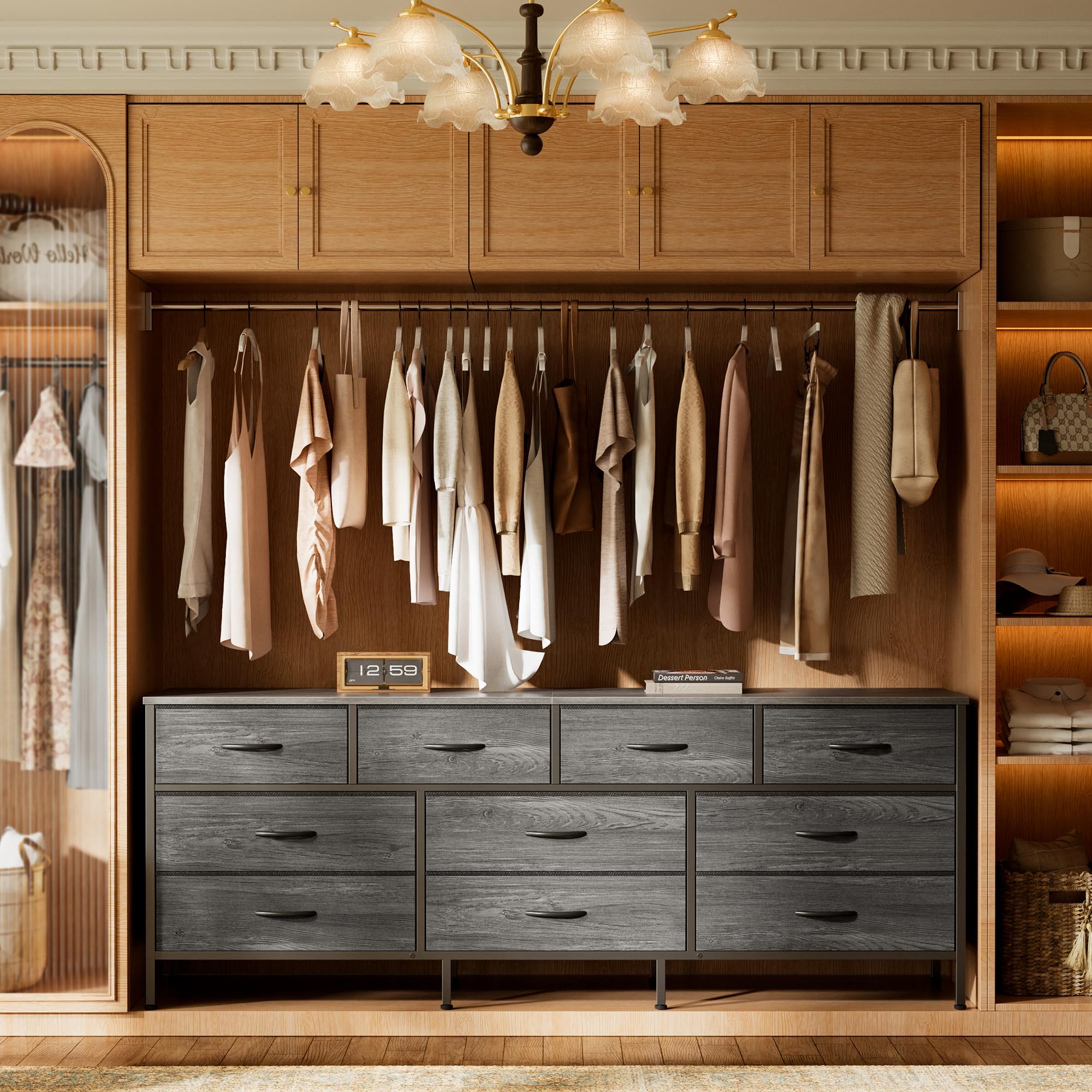 Cómoda de 63 pulgadas para dormitorio, cómoda larga con 10 cajones de tela, soporte de TV para TV de 55, 65, 70 pulgadas, organizador de almacenamiento de juguetes para armario, gris 4