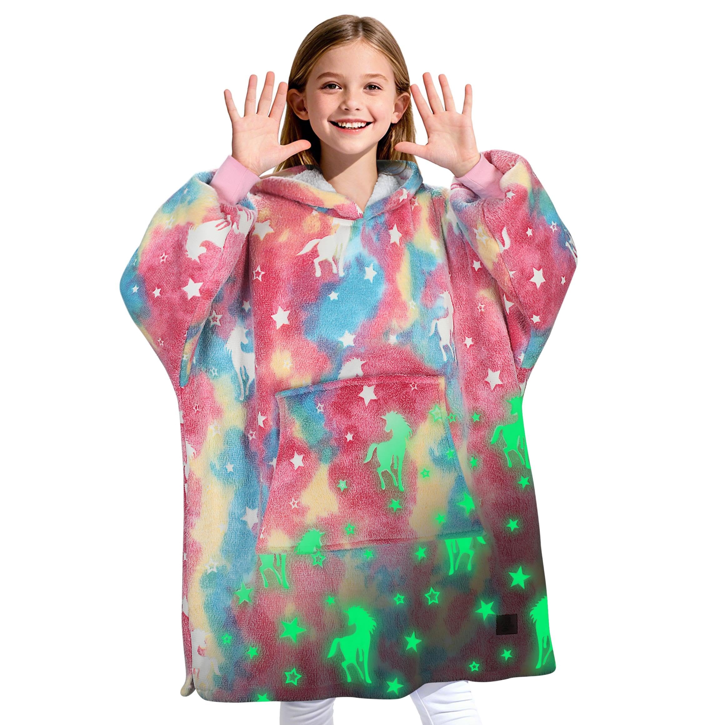 Kato Tirrinia Blanket Hoodie for Kids, Oversized Wearable Sherpa Sweatshirt Teens Youth, Cosy Warm Sherpa Hooded Pullover, Gift for Women Girls Boys, Rainbow Unicorn - Glow in the Dark