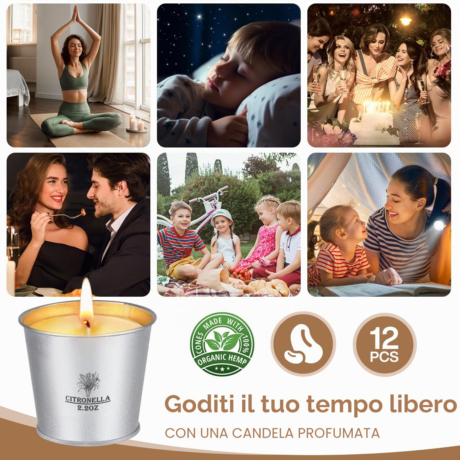 Candele Citronella Esterno Set 12x2.2oz Cera di Soia Naturale Oli di Citronella 120-180 Ore