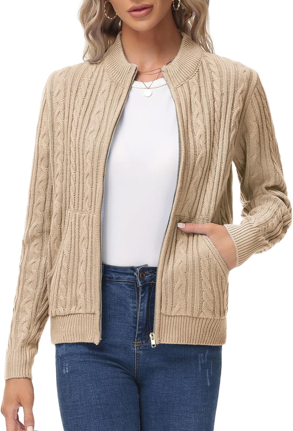 KANCY KOLE Women's Zip Up Sweaters Jacket, Cable Knit Chunky Cardigan Sweater with Pockets, Fall Winter Clothes