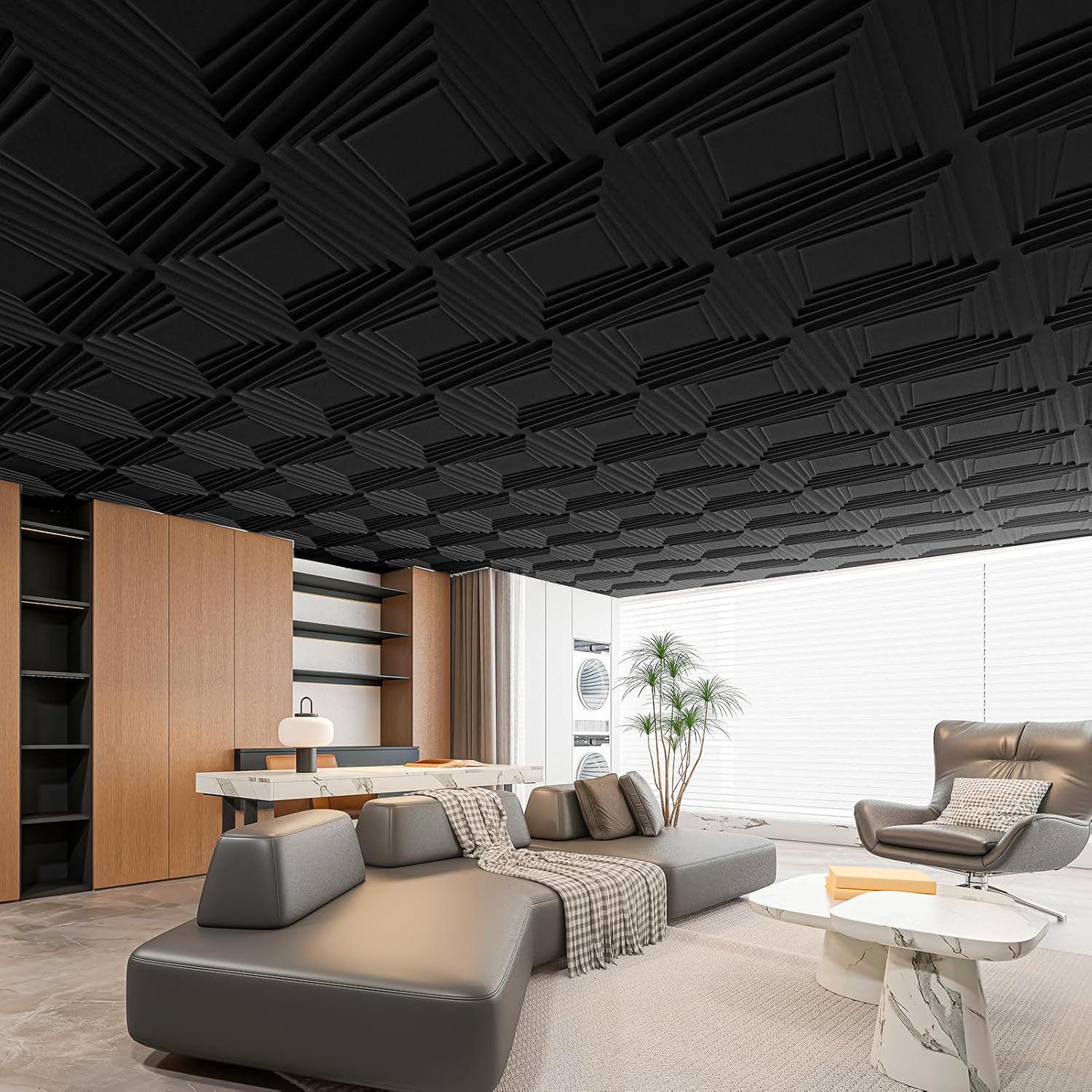 Art3dwallpanels Ceiling Tiles 24 x 24 Drop Ceiling Tiles, 24 Pack Drop in PVC Wall Panels for Interior Wall Décor, Fire Rated, Waterproof, Light Weight, Cover 48 Sq.Ft, Black