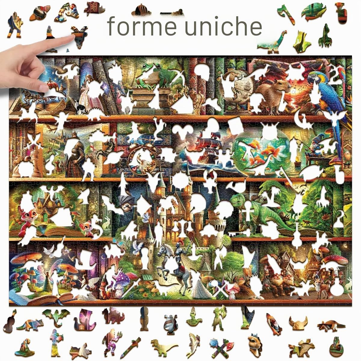 WOODEN.CITY Puzzle in legno per adulti da 1010 pezzi – Storie su ogni ripiano – Scena di scaffali | Made in EU | Regalo per gli amanti dei libri | 54 x 39,4 cm