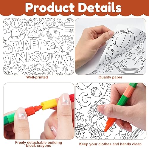 Miniatura 3 de Póster gigante para colorear de Acción de Gracias con 6 crayones apilables, juego de recuerdos de fiesta de Acción de Gracias de calabaza grande,