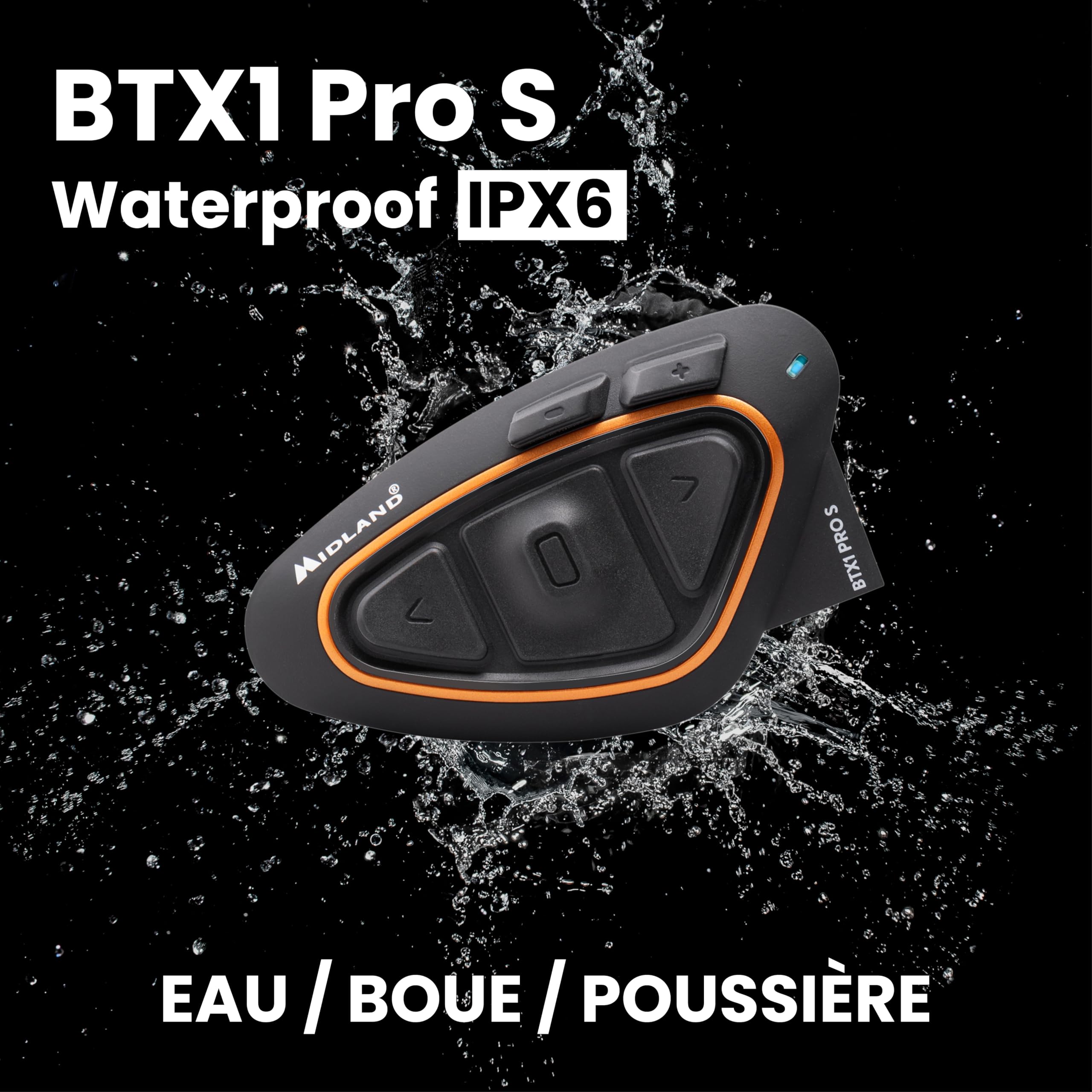 Midland - Intercom Moto BTX1 Pro S Solo Individuel, Écouteurs Bluetooth sans Fil Casque Moto Étanche IPX6 avec Couverture 800m - Batterie 23H, Anti Bruit, Radio FM via App et Compatibilité Universelle