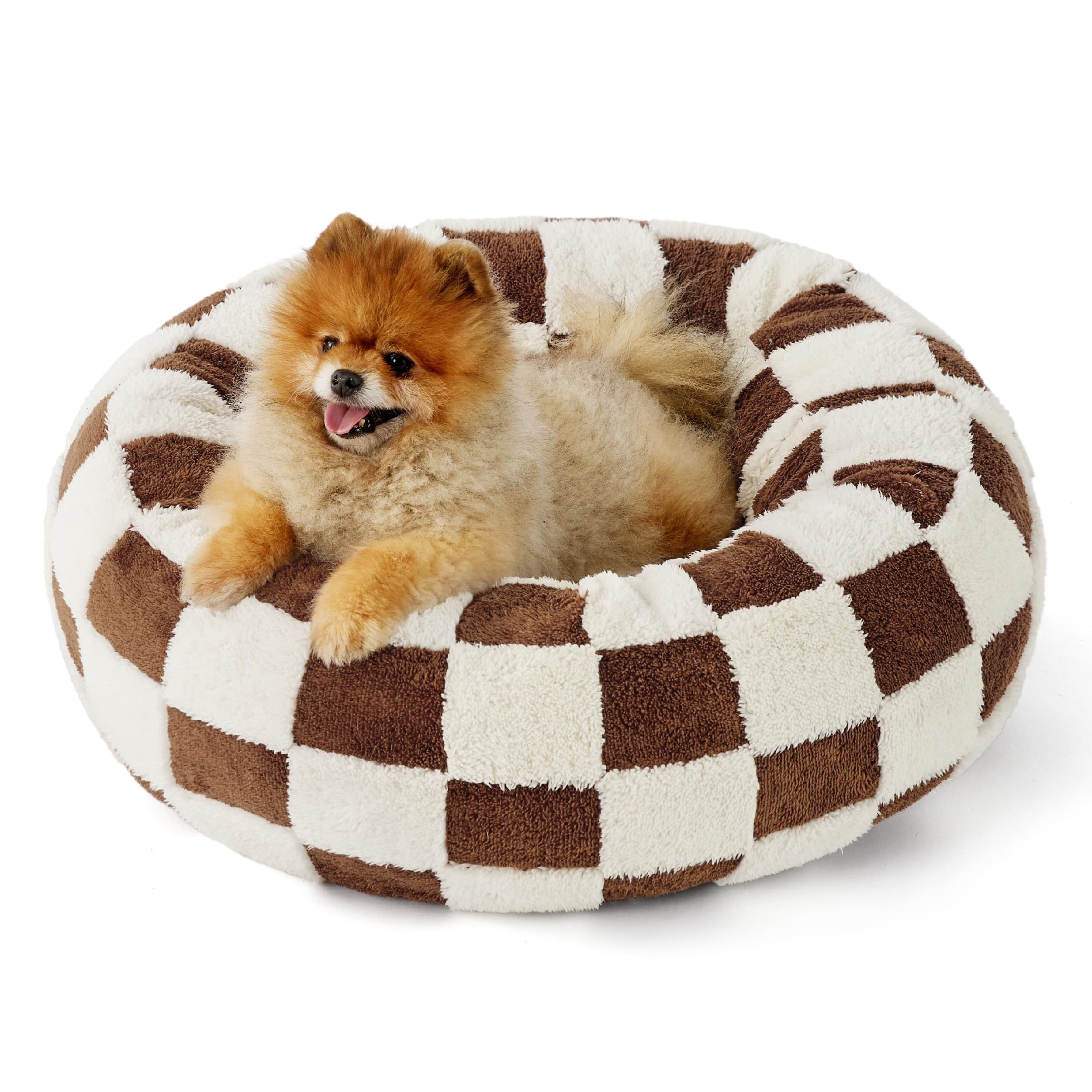 Lesure Donut Small Dog Bed - Round Cat Beds for Indoor Cats Anti-Anxiety Calming Pet Beds, Washable Cute Modern Beds with Teddy Sherpa Plush & Anti Slip Bottom Brwon