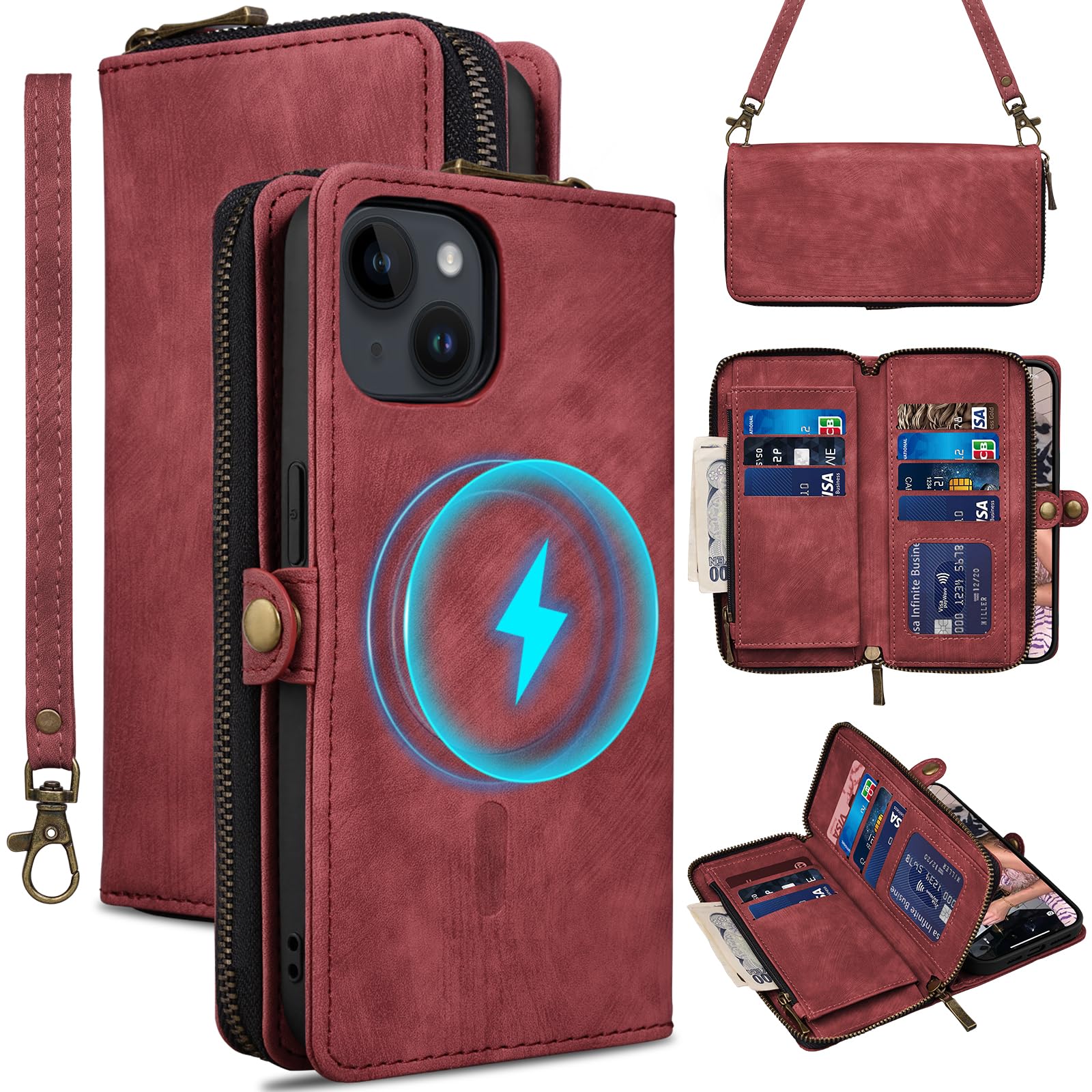 Rssviss Wallet Case for iPhone 15 Crossbody with Card Holder Wrist Strap, Flip Zipper Case Compatible with Magsafe, RFID Blocking Purse Cover for iPhone 15 Women Men 6.1 inch Red