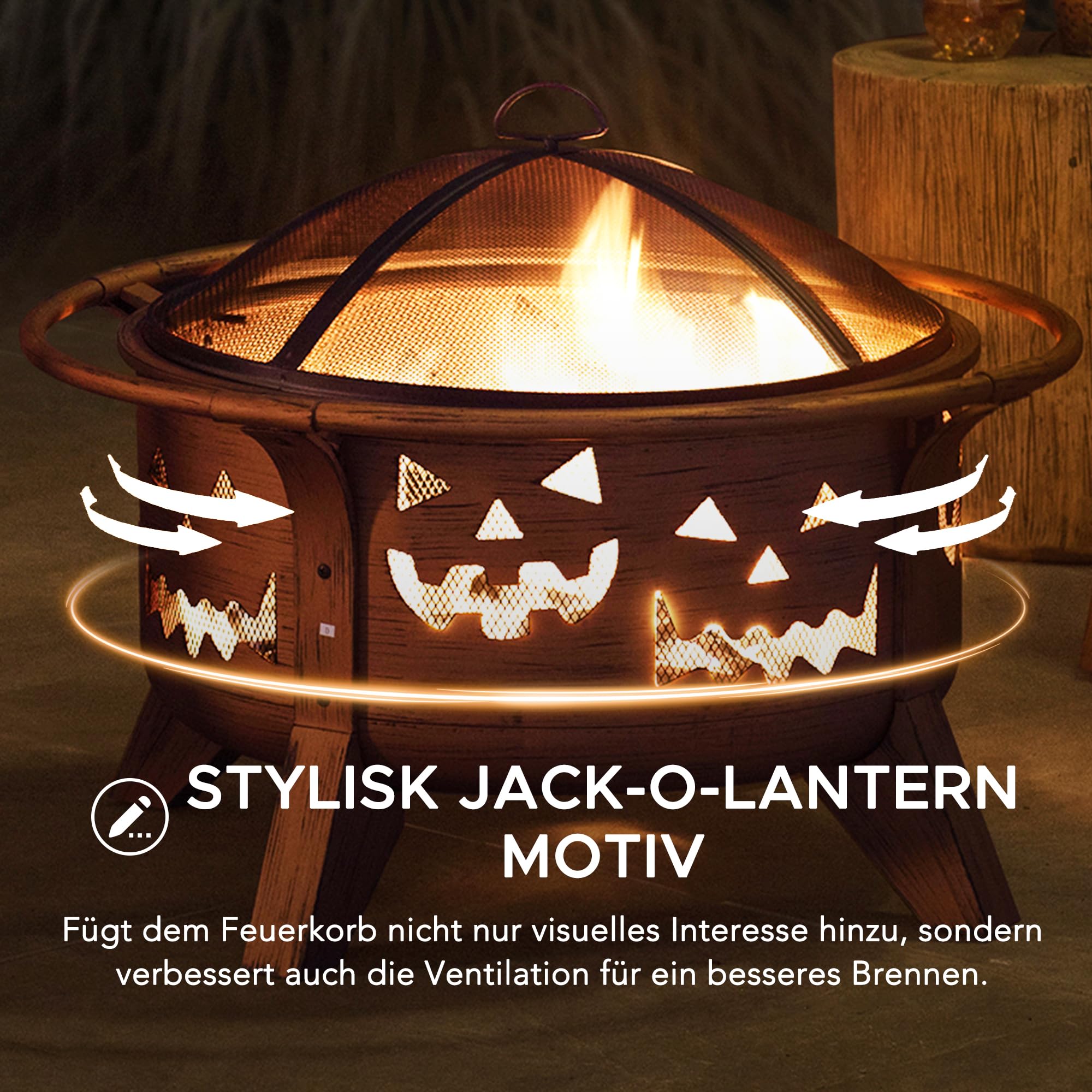 SUNJOY 76 cm Feuerstelle Outdoor Holzfeuerstelle Terrasse Jack-o-Lantern Motiv Runde Stahl Große Feuerstellen für Draußen mit Funkenschutz und Schürhaken