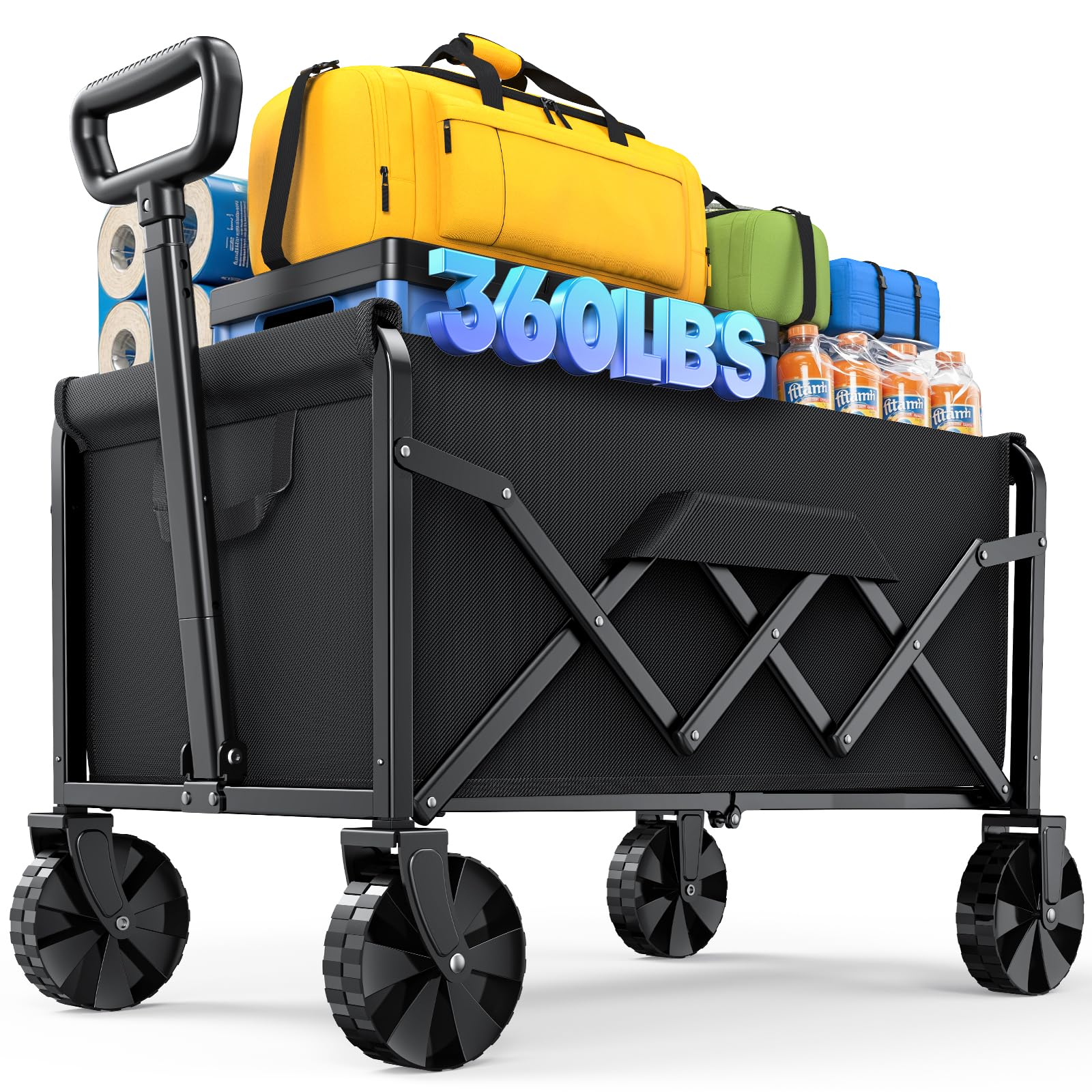 Kitsure Bollerwagen Faltbar – Handwagen mit Hartplastikrädern, Transportkarre für Einkäufe, Garten, Camping, Sport & Angeln, Schwarz
