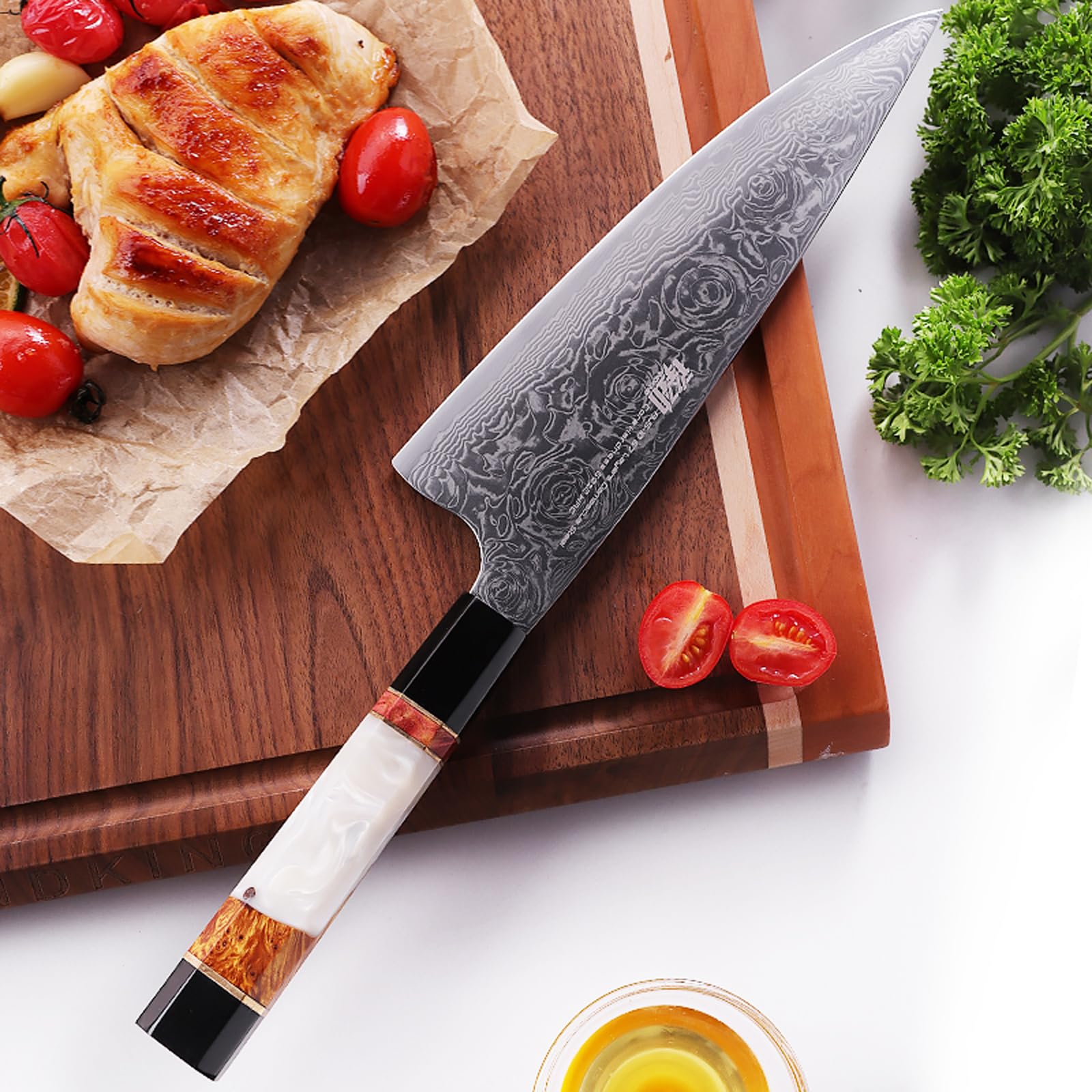 FINDKING Gyuto Messer 19,8cm, Damaststahl Kochmesser BLACK-ROSE Serie | Gyuto Messer, 19,8cm Klinge, Damaststahl, Japanischer Stil, Kochmesser, Präzisionsschnitt, Fleisch Gemüse Küche