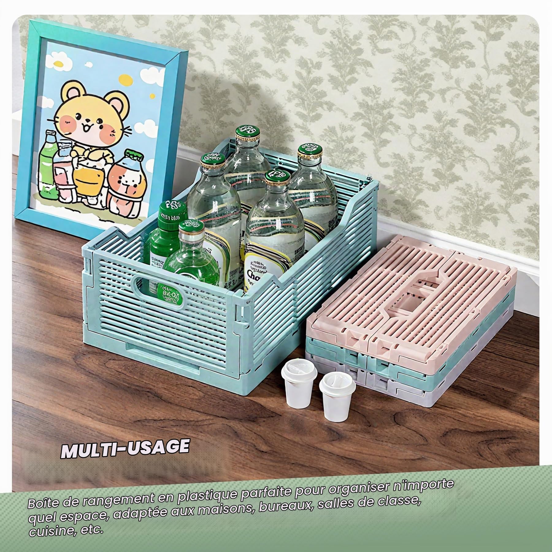 Lot de 2 boîtes de rangement pliables en plastique empilables pour la maison, la salle de classe, le bureau, la cuisine, la chambre à coucher (40 x 30 x 15,5 cm, gris)