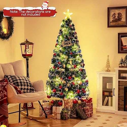 Miniatura 2 de GOFLAME Árbol de Navidad preiluminado de 6 pies, árbol de Navidad de fibra óptica artificial con 36 cuerdas de luz blanca cálida, estrella superior,