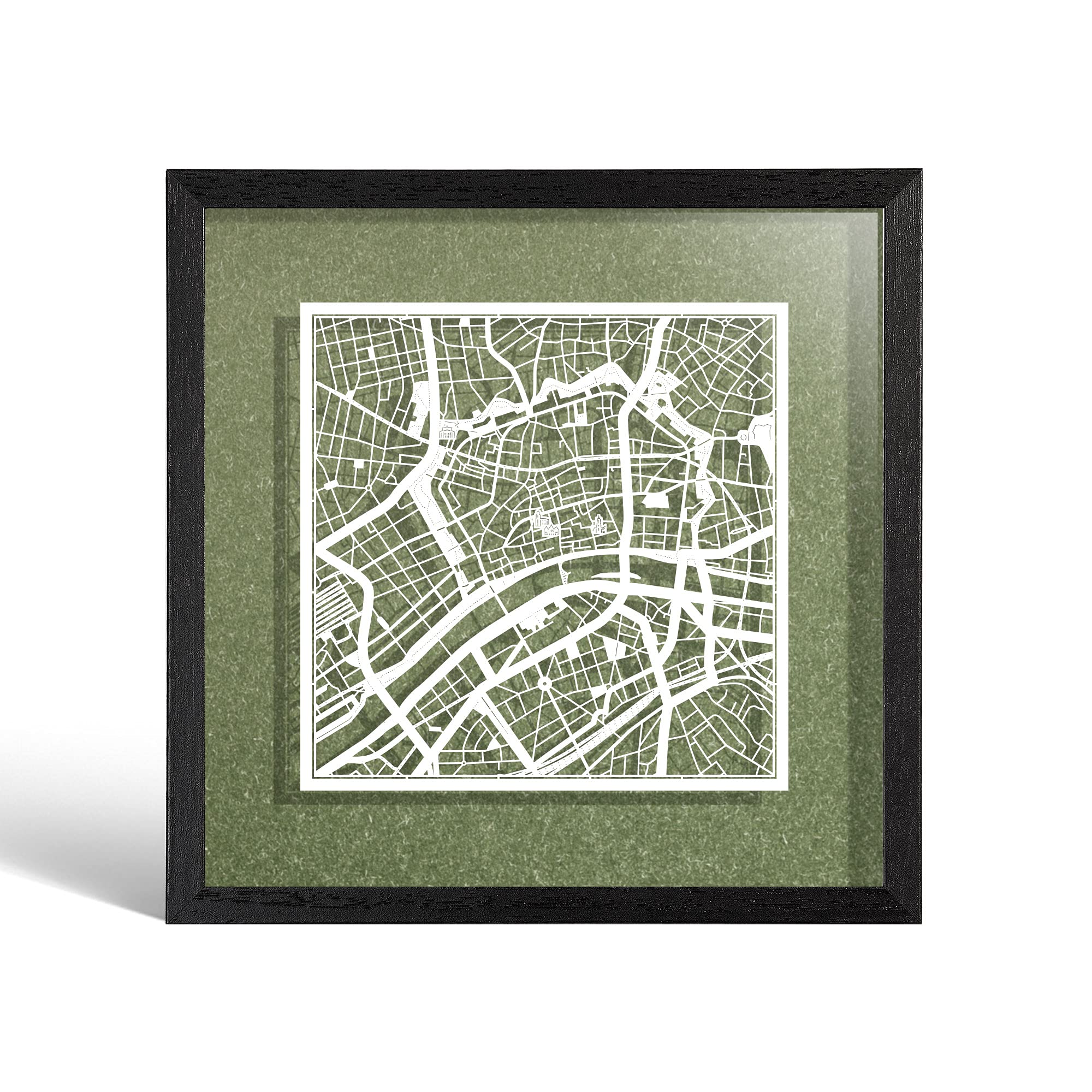 O3 DESIGN STUDIO Frankfurt am Main Paper Cut Map framed, White map, Black frame, 23x23 cm, Gift Boxed, 4 background color, self-changing, Paper Art