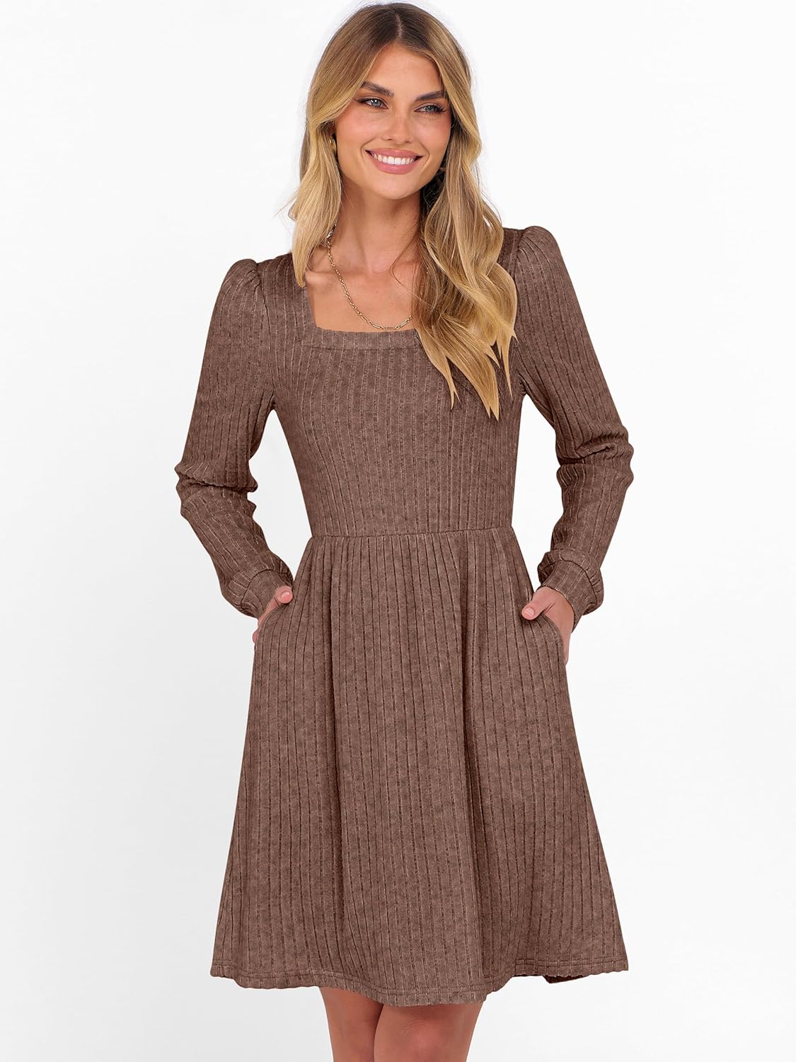 ANRABESS Women's Square Neck Long Sleeve Fall Dress Casual Ribbed Knit Soft 2026 Trendy Short Sweater Dresses with Pockets - Image 5