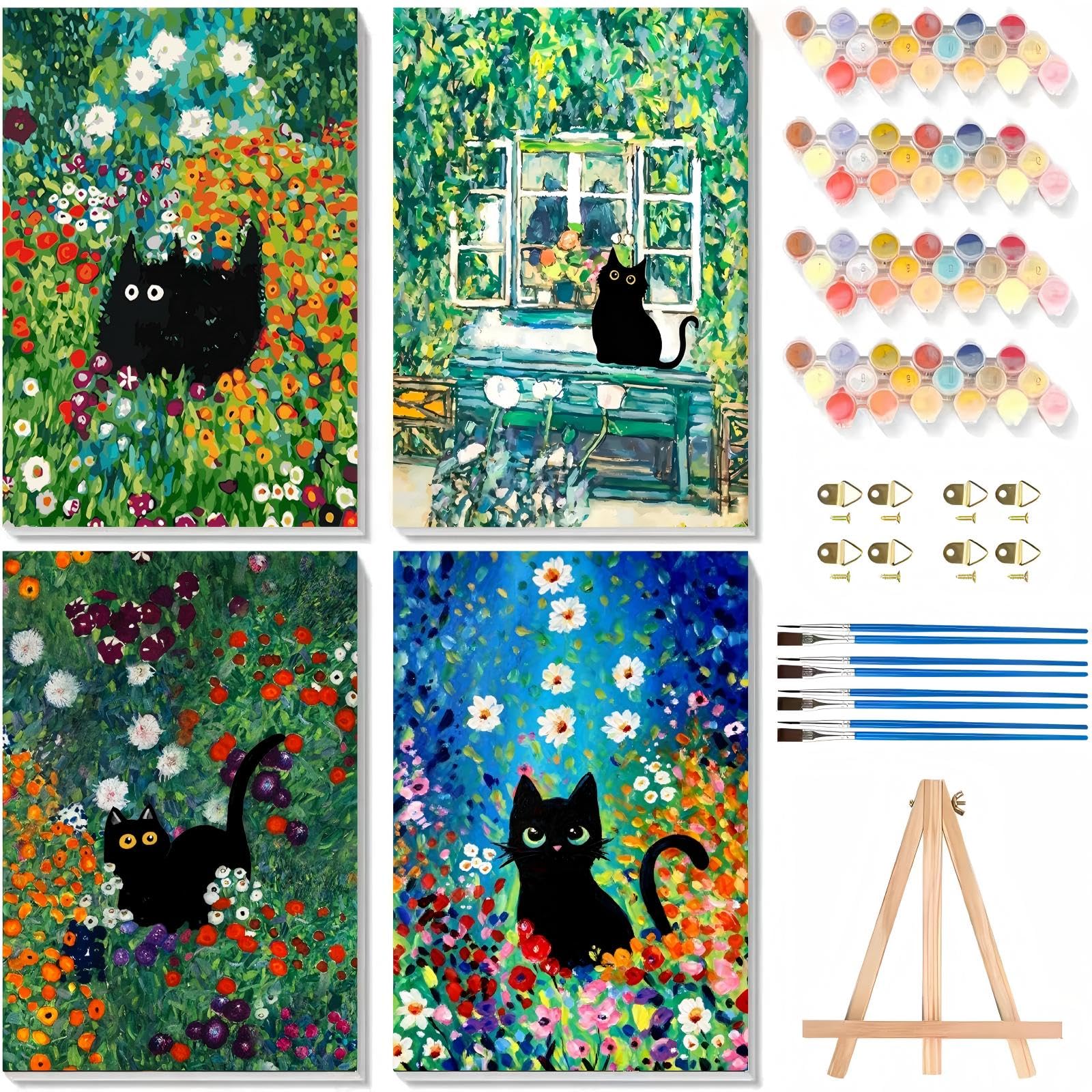 askkqtx 4 Pack Black Cat Paint by Numbers for Adults with Frame 8x12 Inch