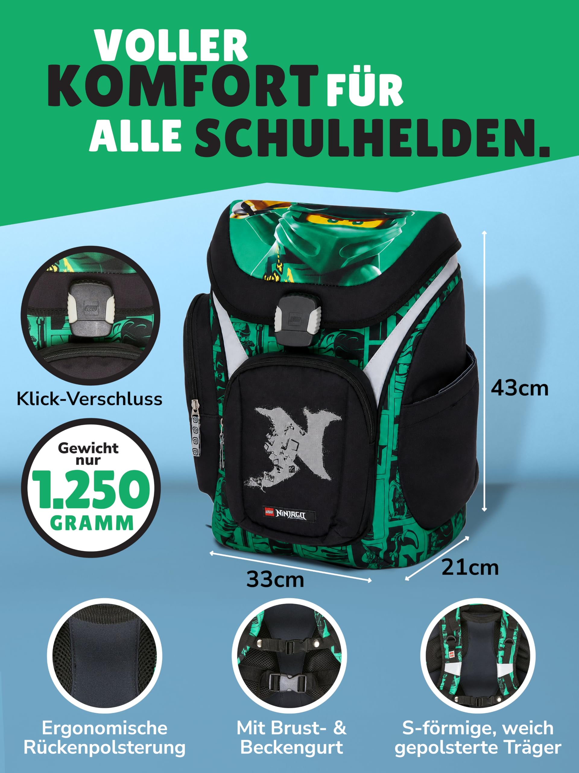 Familando - Schulranzen Set 8-teilig mit Lunch-Set - Ninjago Grün - Ergonomisch, stabil & mit gepolstertem Rücken - 1250g leicht mit 16L Volumen - wasserabweisend und mit Reflektoren - Ab 1. Klasse