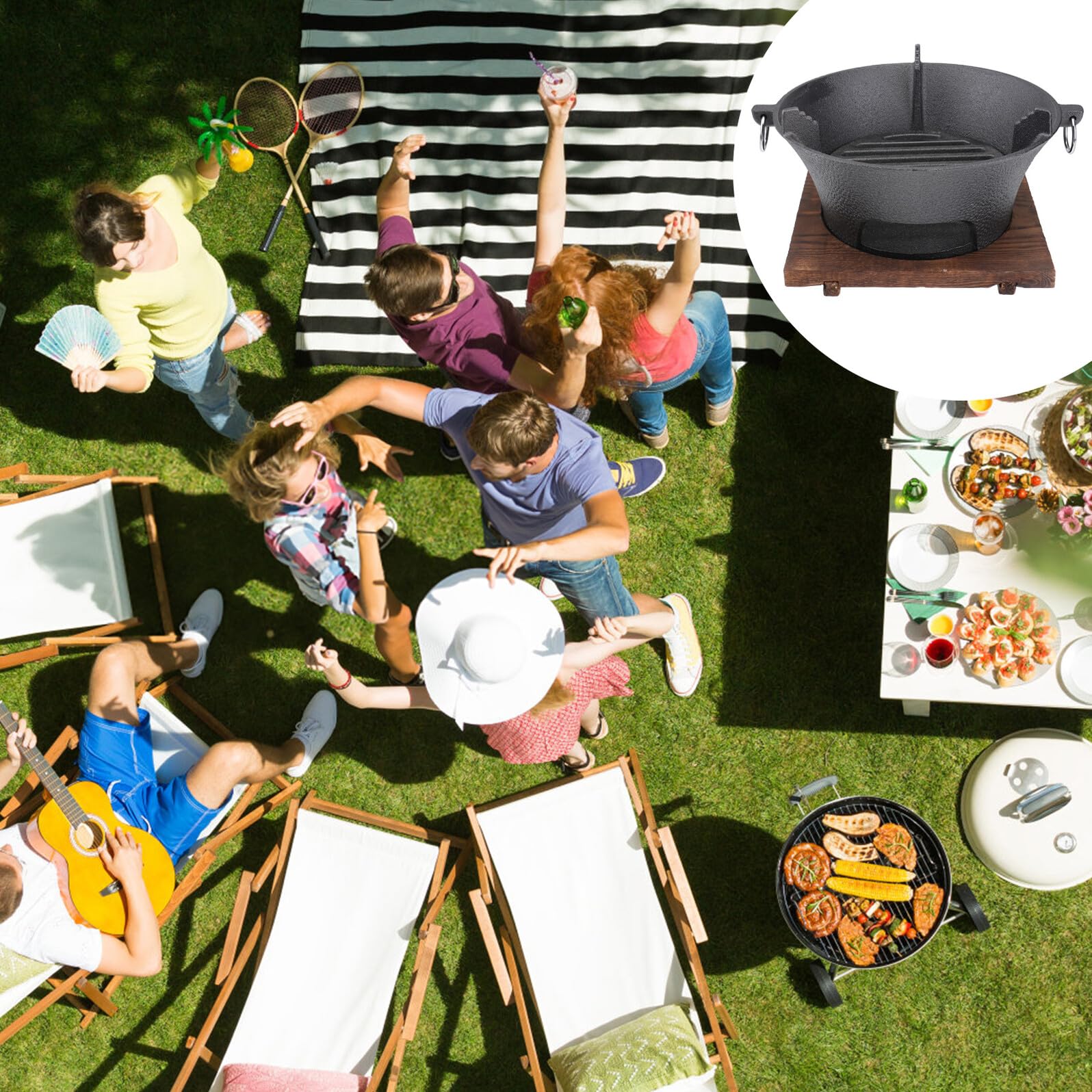 Duży 26 cm żeliwny grill na węgiel drzewny – piec do gotowania na zewnątrz z drewnianą tacą na kemping i piknik, wszechstronne artykuły do grillowania w domu, losowe opcje kolorystyczne