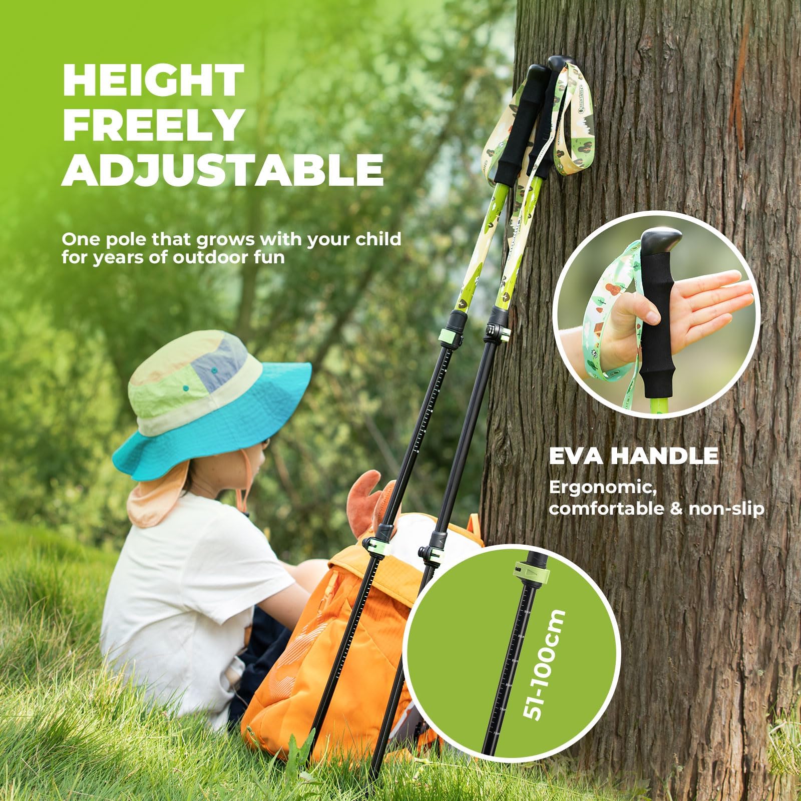 2 Pezzi Bastoni da Trekking per Bambini Pieghevoli in Alluminio | Regolabile 51-100cm, con Manico in Eva, Bastoncini Telescopici Leggero, Bastoncini da Trekking per Montagna Escursioni