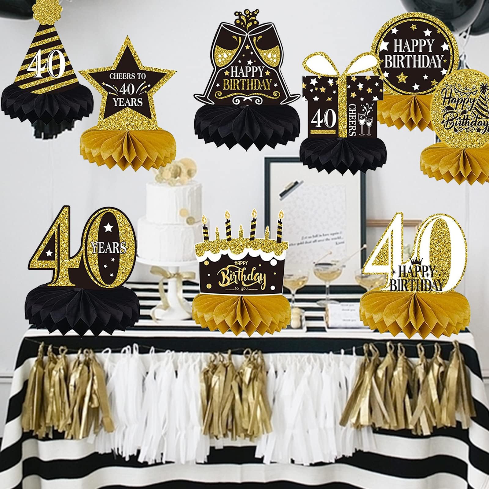 40th Birthday Decorations for Men Women - Black Gold 40 Honeycomb Centerpieces for Tables, 9PCS 40th Birthday Party Decoration Supplies, Forty Years Themed Party Decor (40th Birthday)