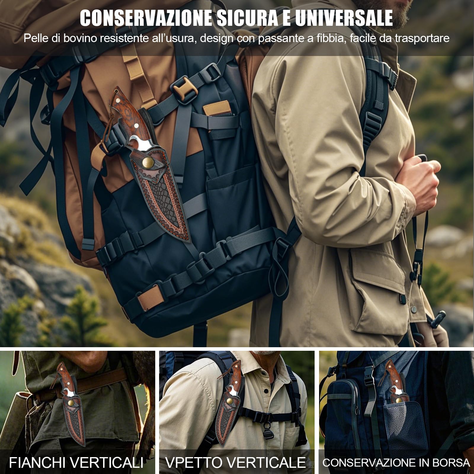 Coltello Outdoor in Acciaio Damasco 26,4 cm con Fodero, Lama Fissa Artigianale VG10, Manico in Legno, per Camping, Bushcraft e Attività all’Aperto