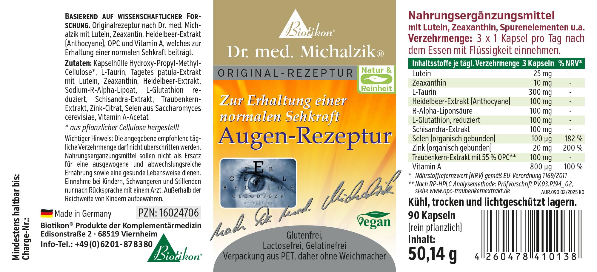 Augen-Rezeptur Dr. med. Michalzik, mit Lutein, Zeaxantin, Heidelbeer-Extrakt (Anthocyane), OPC, L-Taurin, Vitamin A, Alpha-Liponsäure, Zink - ohne Zusatzstoffe - von BIOTIKON®