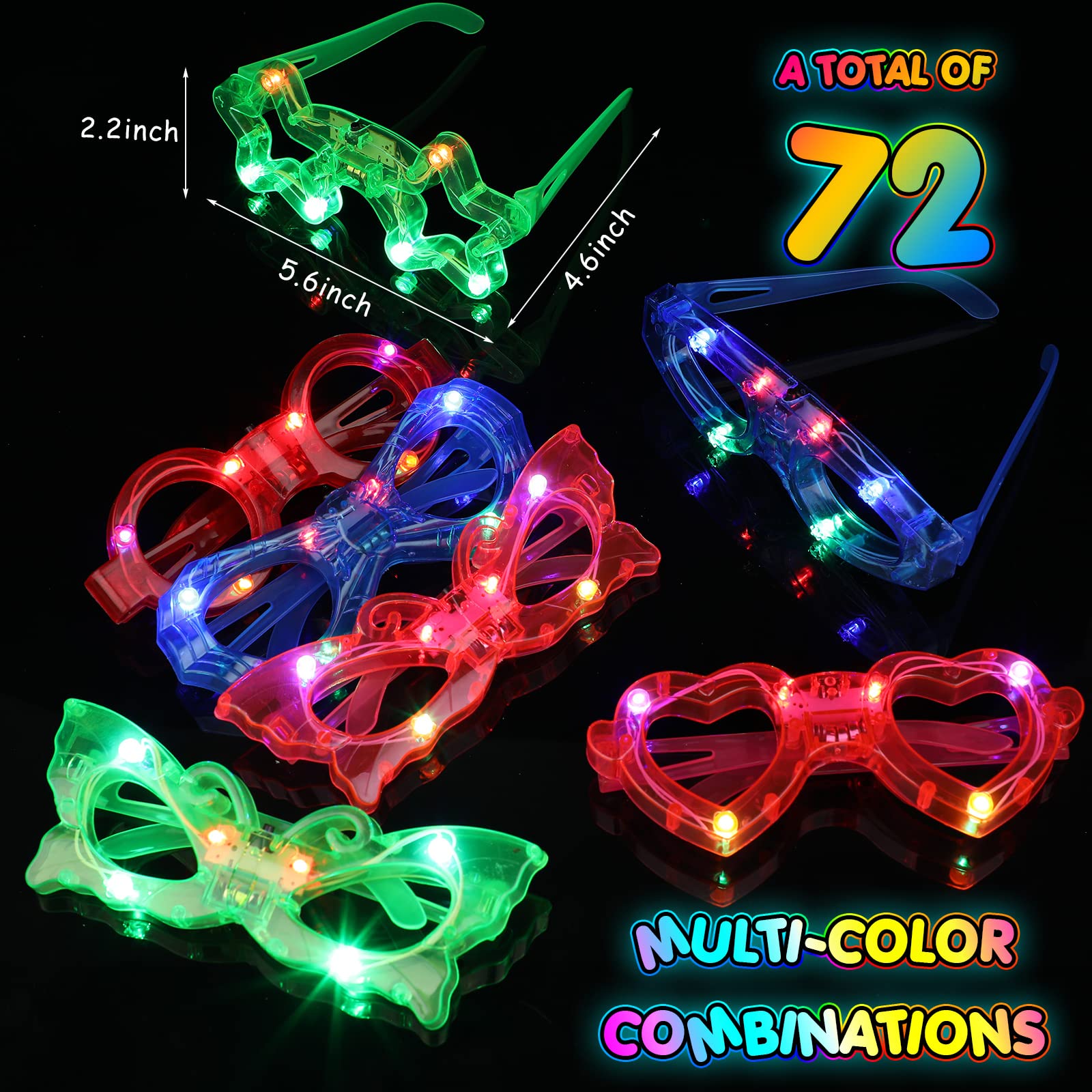 72 Pieces Glow In the Dark Glasses Kids Light Up Glasses LED Party Sunglasses 6 Shapes Flashing Sunglasses Glow Glasses for Halloween Neon Birthday Wedding New Year Party Supplies Favors
