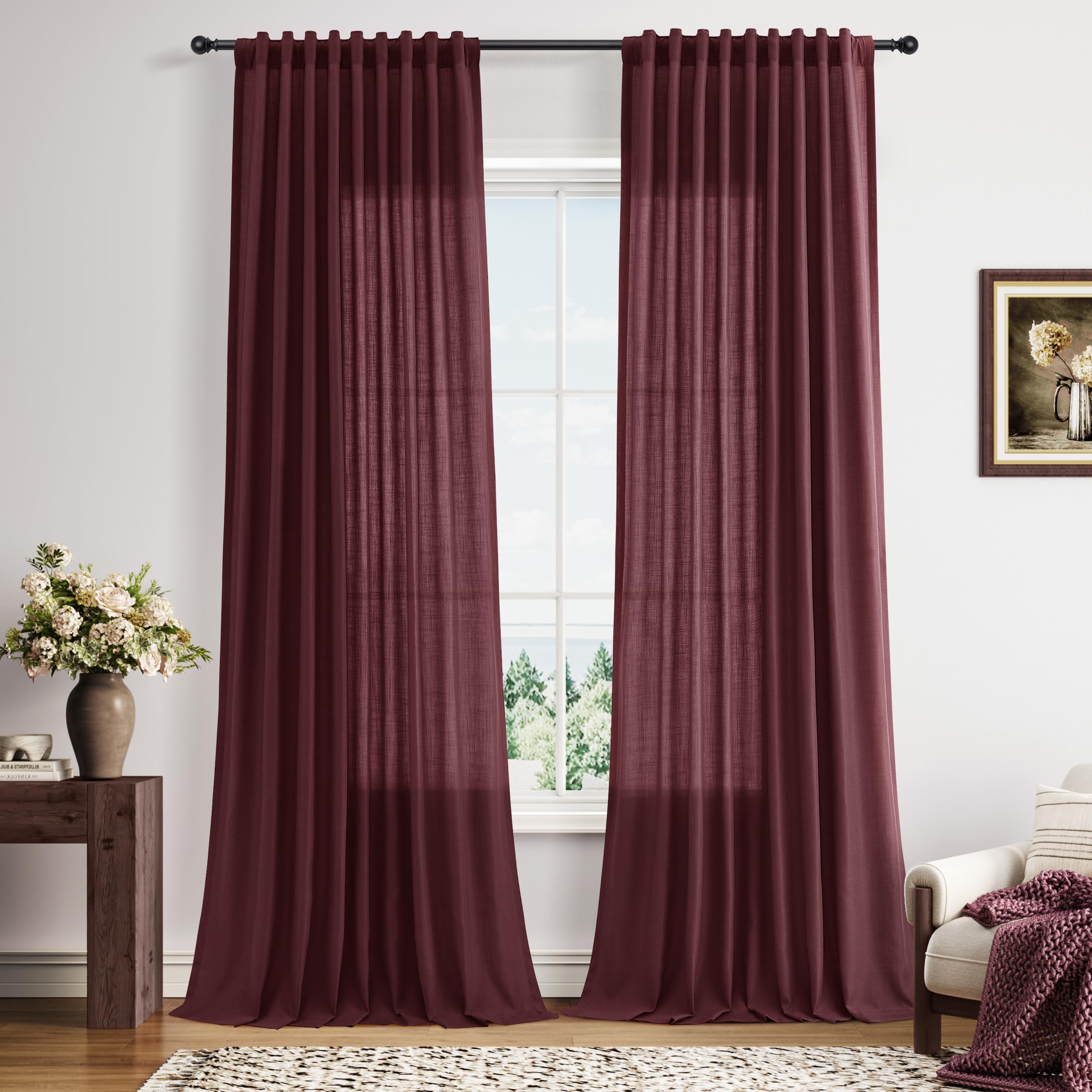 Photo 1 of Nanspring Linen Curtains 84 Inch Long - Burgundy
