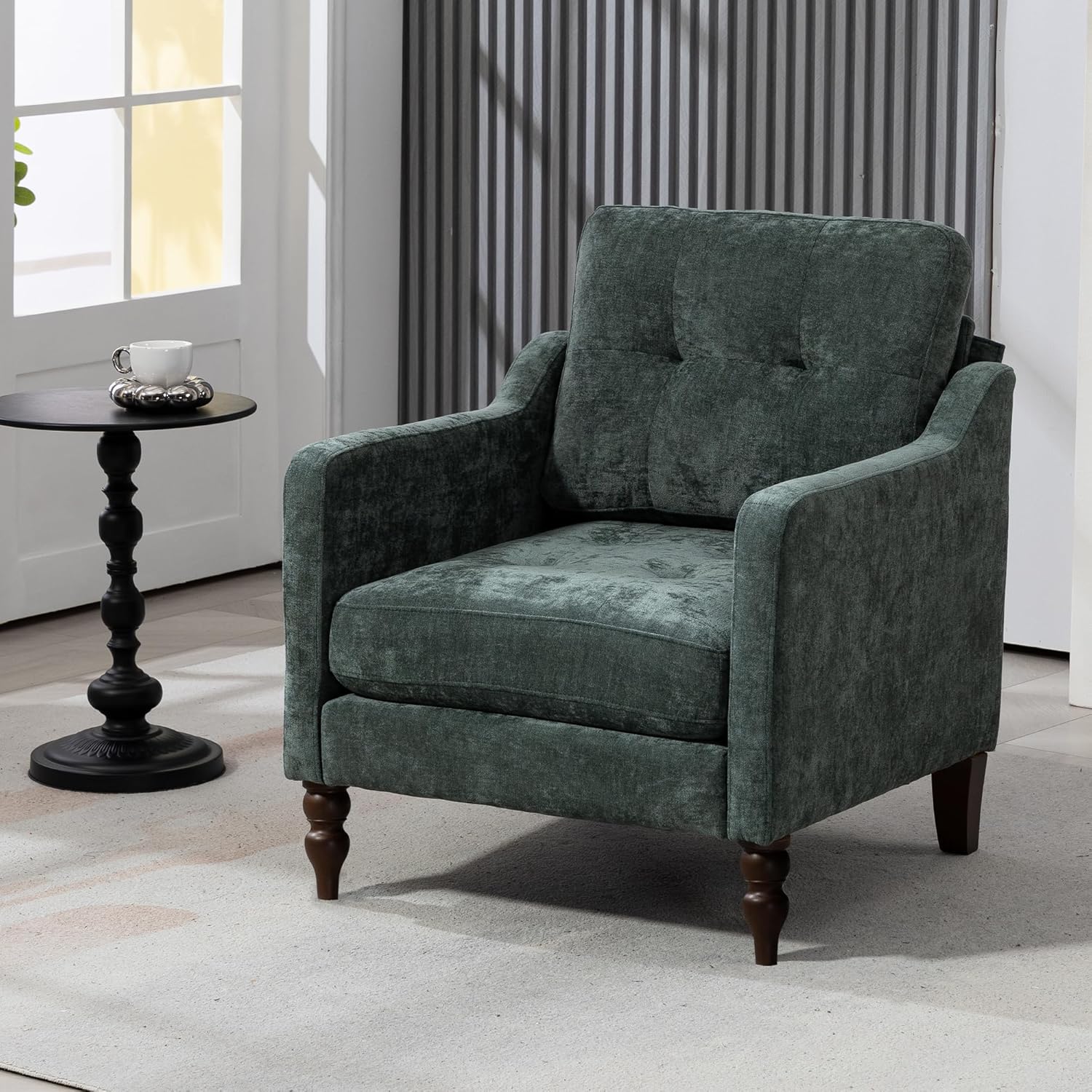 Living Room Chair with USB Charging Port – Comfy Mid-Century Modern Accent Armchair with Button Tufted Back for Living Room, Bedroom, Office, Apartment, Waiting Room，Dark Green