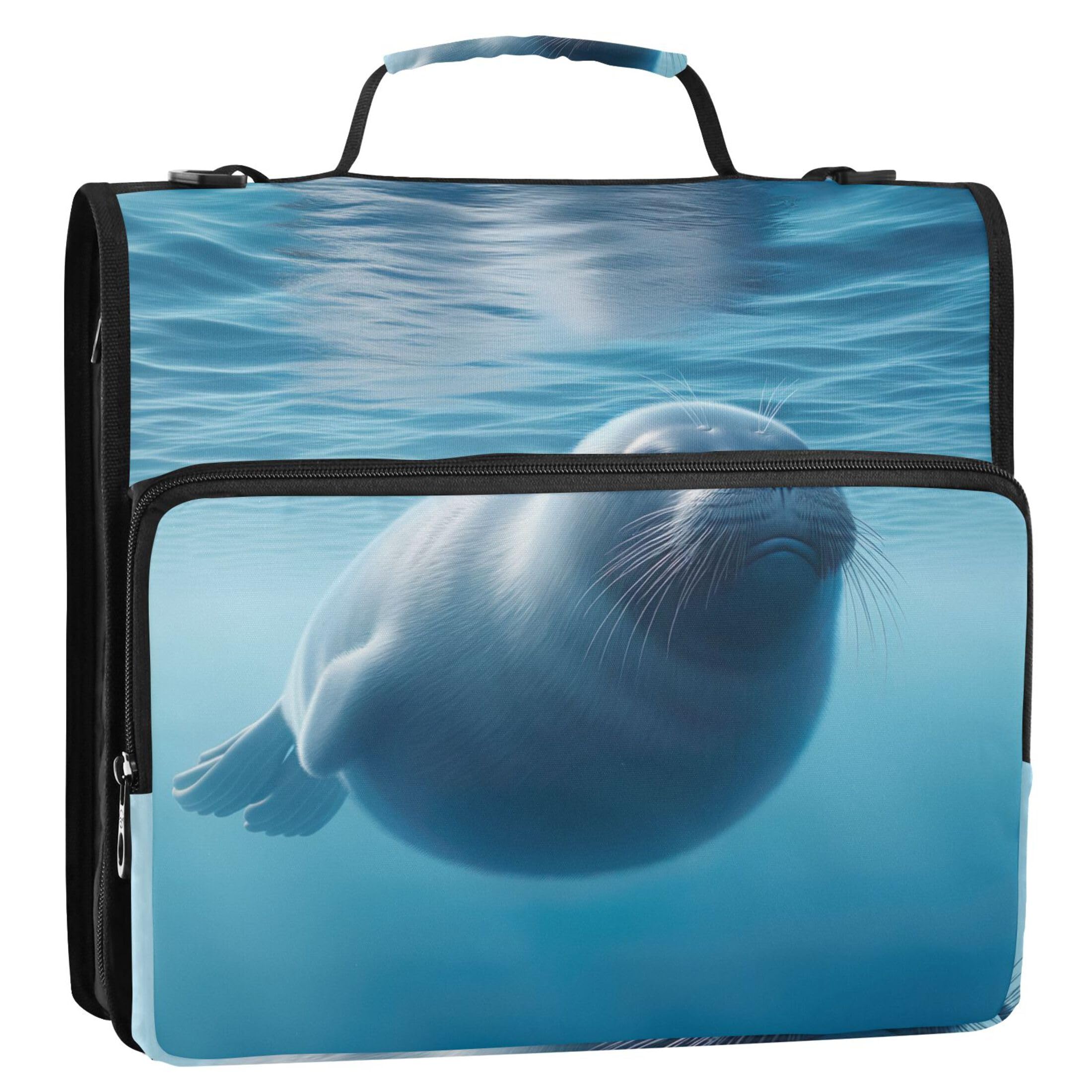 Sea Blue Seal 3 Ring Binders 1 1/2 Inch D Ring Zippered Binder Organizer School Binders Bag with Shoulder Strap Custom Multi Pockets Large Portfolio Folder