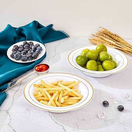 Miniatura 3 de N9R Paquete de 30 cuencos desechables para sopa con borde dorado, cuencos de sopa de plástico elegantes de 12 onzas para vacaciones, fiestas, bodas,