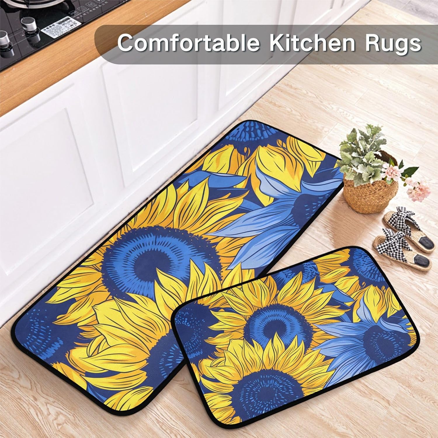 Sunflowers in Blue and Yellow Colors Kitchen Rugs and Mats 2 Pieces Anti Fatigue Kitchen Mat Set Non Slip Bath Mat Entry Floor Carpet Door Mat Runner 20"x28"+20"x47"