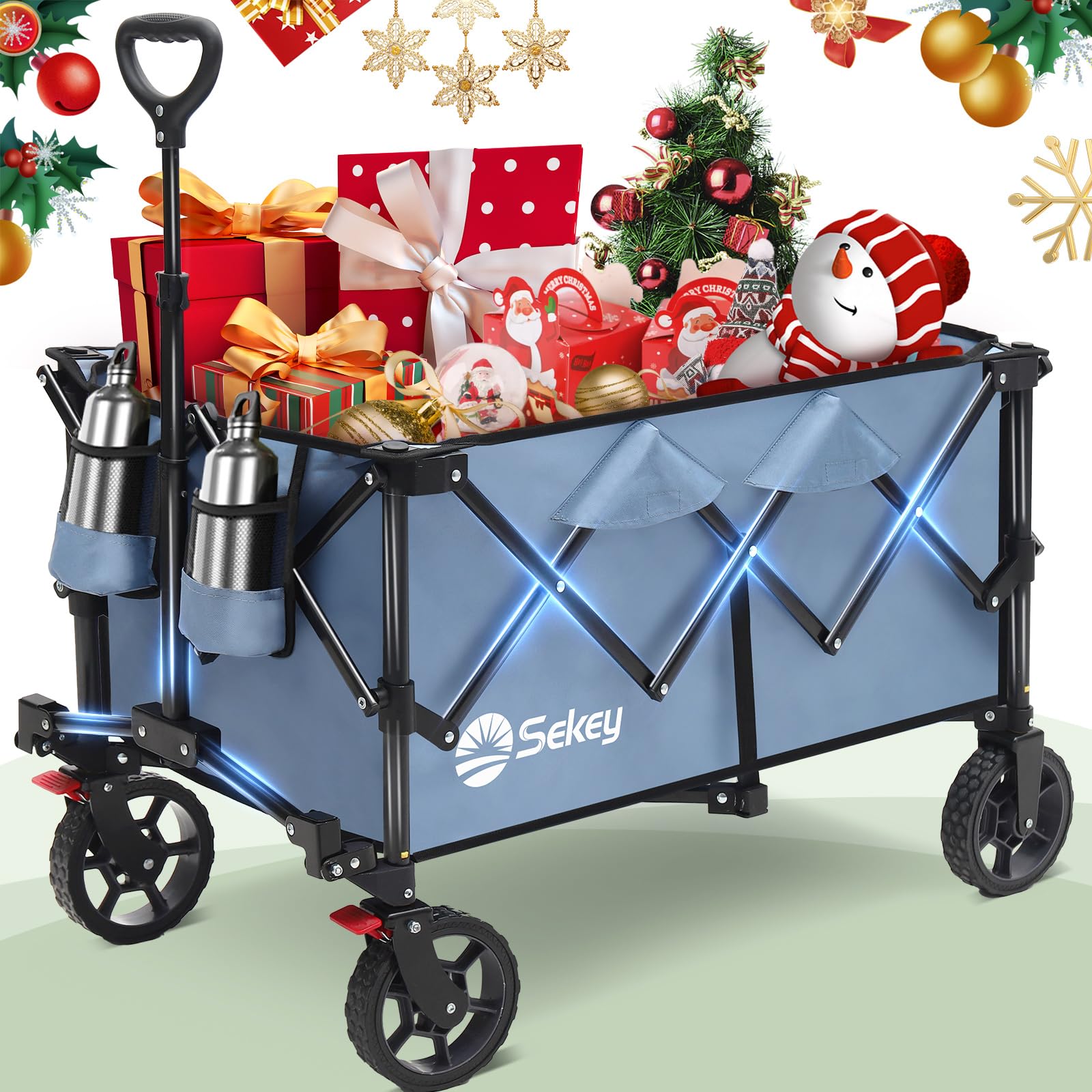 Sekey Collapsible Foldable Wagon with 330lbs Weight Capacity, Heavy Duty Folding Wagon Cart with Big All-Terrain Wheels & Drink Holders. Blue