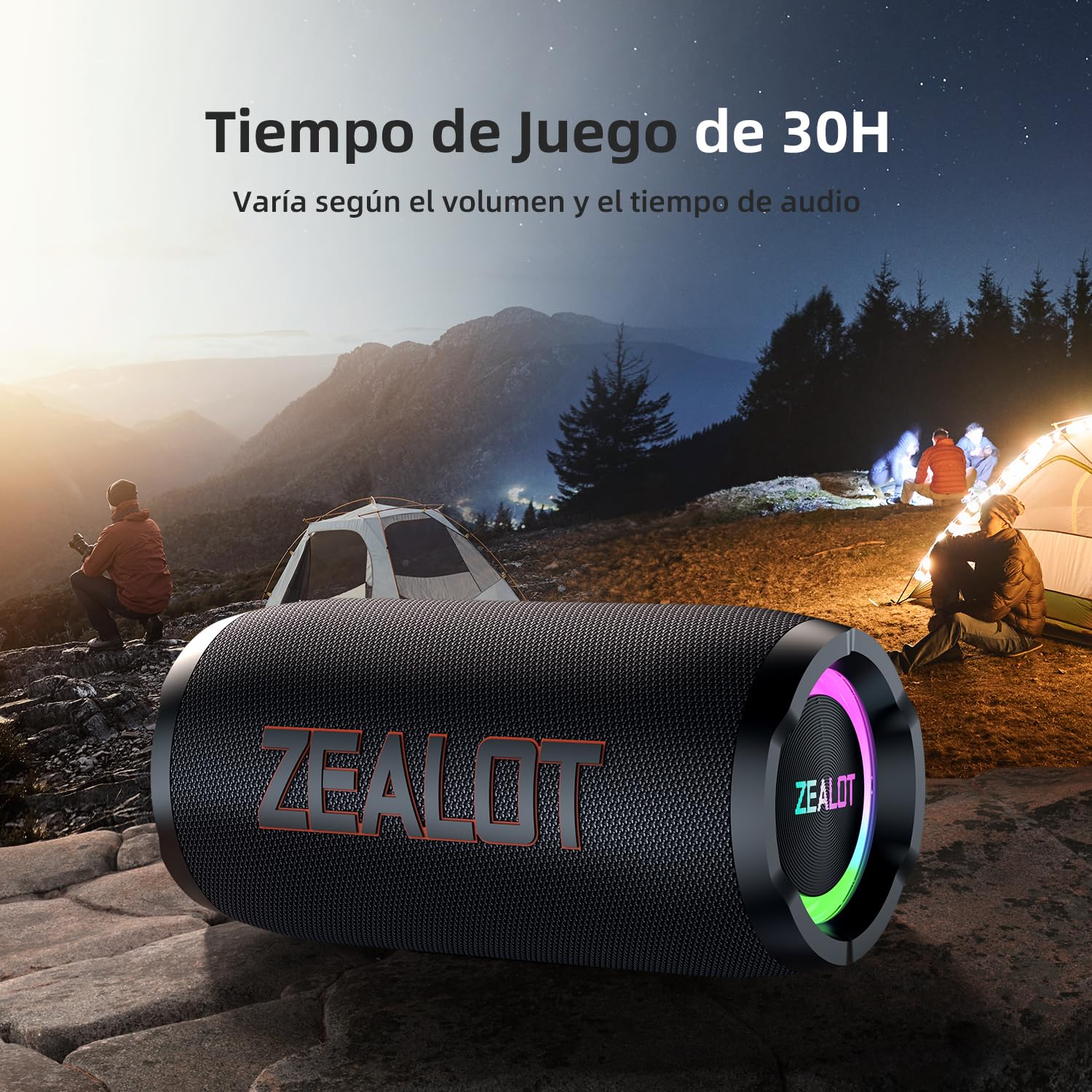 ZEALOT Altavoz Portátil Bluetooth con Luz LED, Altavoz Exterior Inalámbrico, 50W Sonido Potente, Autonomía de 30 Horas, Puerto de AUX, USB, Tarjeta TF , Bluetooth 5.3 y IPX6 Impermeable